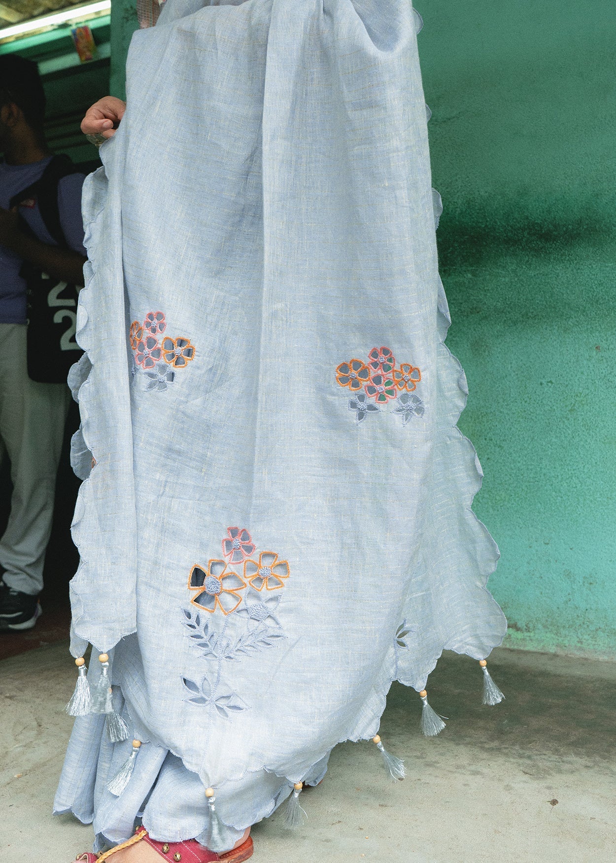 Powder Blue Cutwork Saree by Aeka with Blue, Cutwork, Festive Wear, For Mother, Indian Wear, Linen, Natural, Regular Fit, Saree Sets, Womenswear at Kamakhyaa for sustainable fashion
