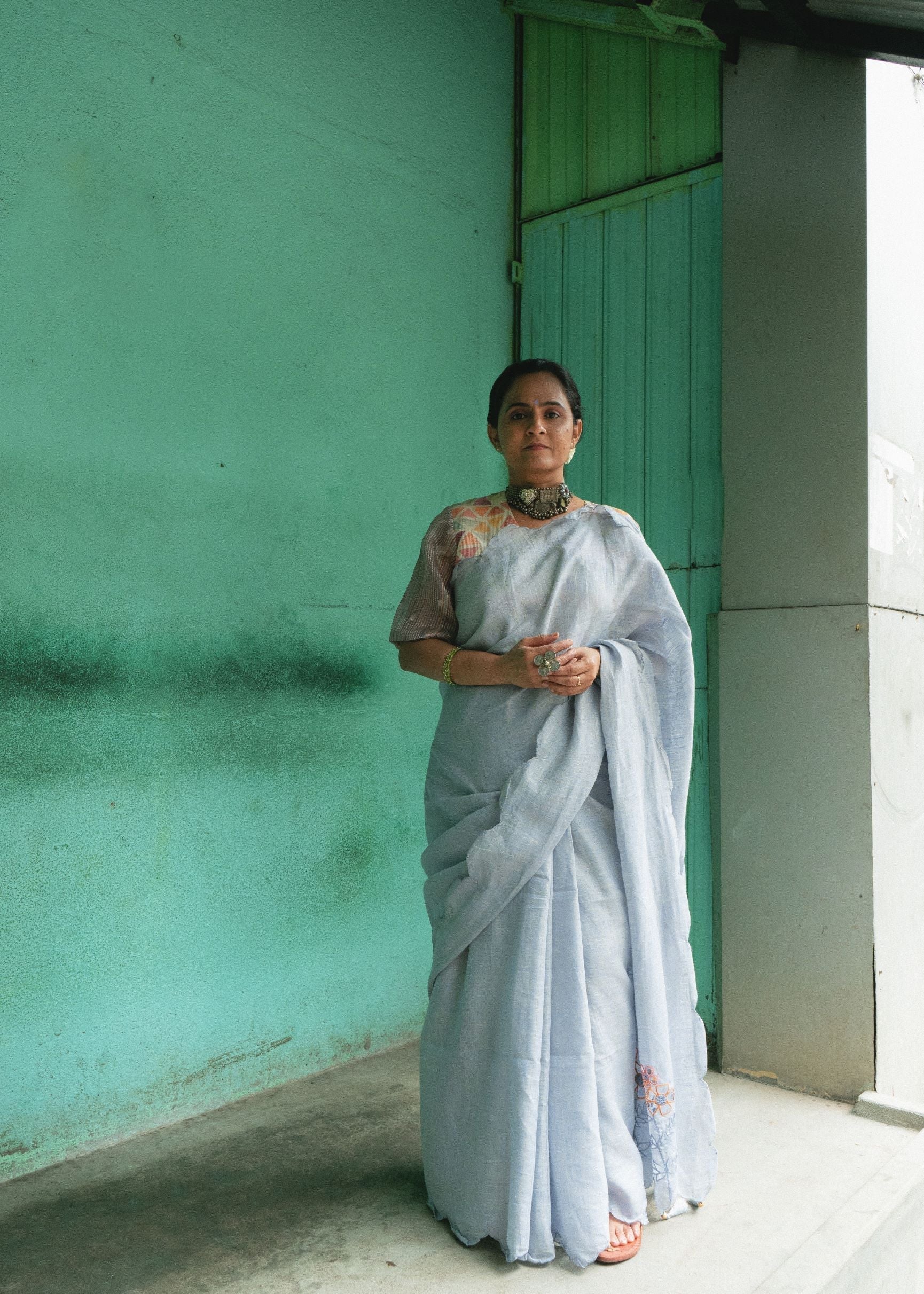 Powder Blue Cutwork Saree by Aeka with Blue, Cutwork, Festive Wear, For Mother, Indian Wear, Linen, Natural, Regular Fit, Saree Sets, Womenswear at Kamakhyaa for sustainable fashion