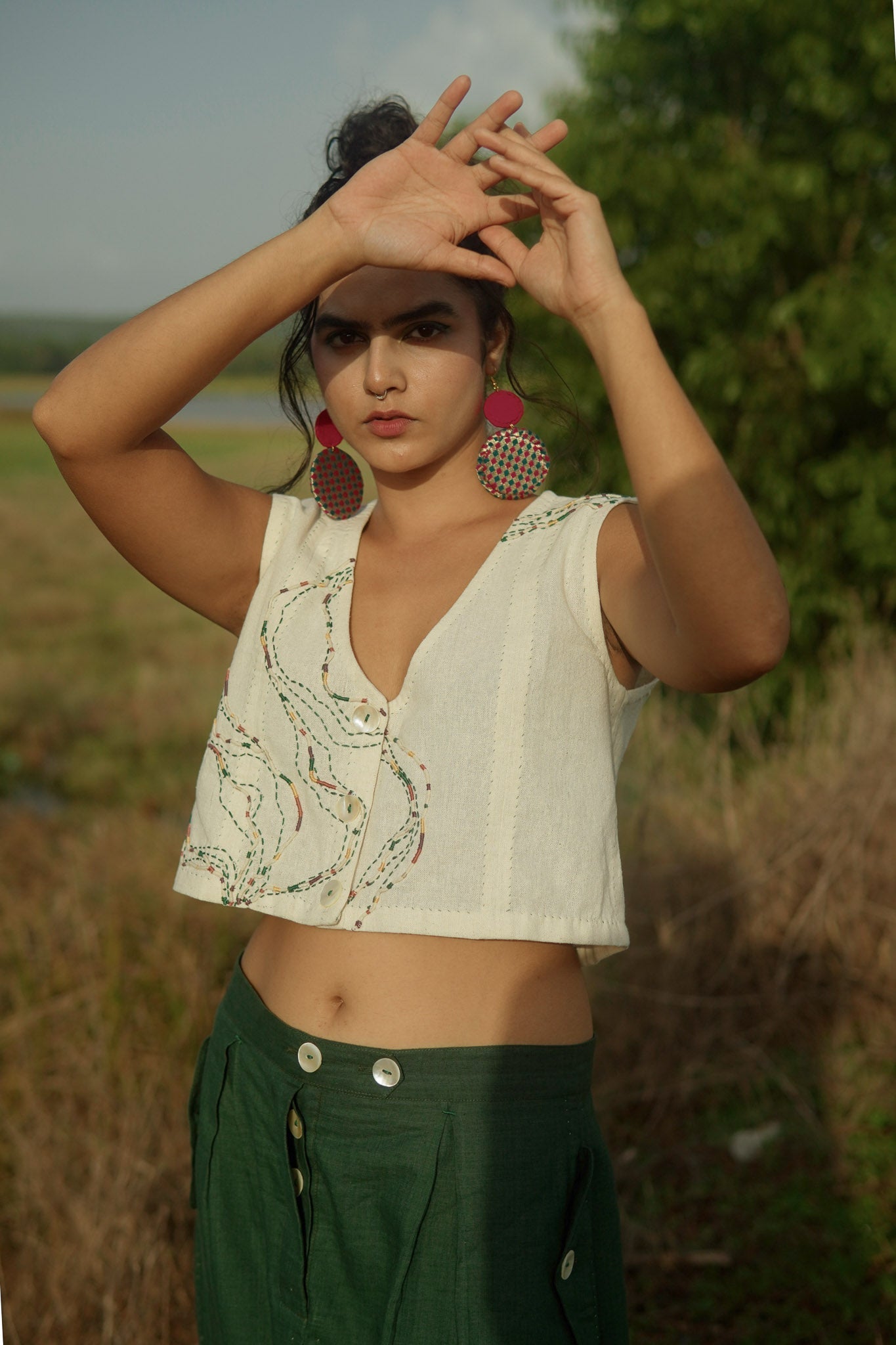 Cropped Blouse at Kamakhyaa by Lafaani. This item is 100% pure cotton, Casual Wear, Crop Tops, Embroidered, Kora, Organic Solid, Regular Fit, Rewind, Solids, Undyed and Unbleached, Womenswear