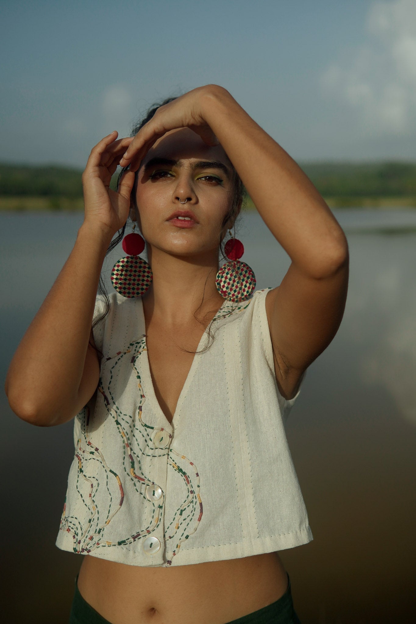 Cropped Blouse by Lafaani with 100% pure cotton, Casual Wear, Crop Tops, Embroidered, Kora, Organic Solid, Regular Fit, Rewind, Rewind by Lafaani, Solids, Undyed and Unbleached, Womenswear at Kamakhyaa for sustainable fashion