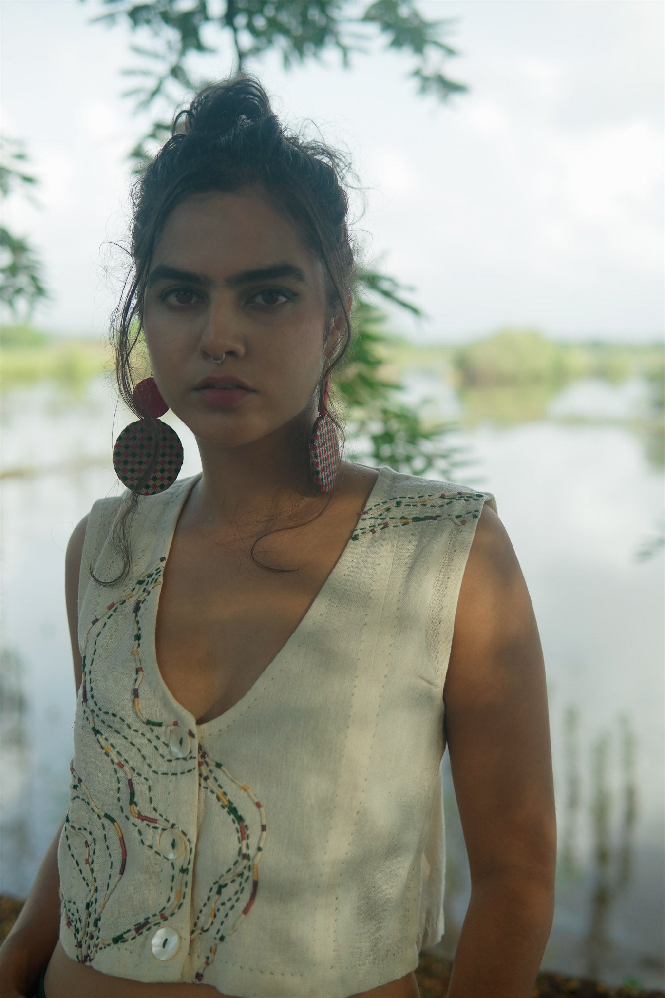 Cropped Blouse by Lafaani with 100% pure cotton, Casual Wear, Crop Tops, Embroidered, Kora, Organic Solid, Regular Fit, Rewind, Rewind by Lafaani, Solids, Undyed and Unbleached, Womenswear at Kamakhyaa for sustainable fashion