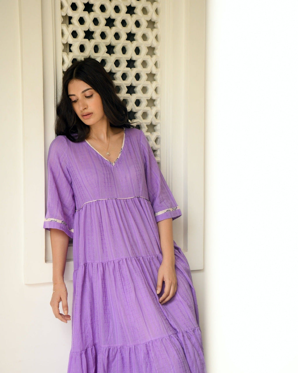 Purple Tiered Maxi Dress by Taro with Best Selling, Evening Wear, FB ADS JUNE, Handwoven cotton, July Sale, July Sale 2023, Natural, Purple, Regular Fit, Solids, Tiered Dresses, Wildflower by Taro, Womenswear at Kamakhyaa for sustainable fashion