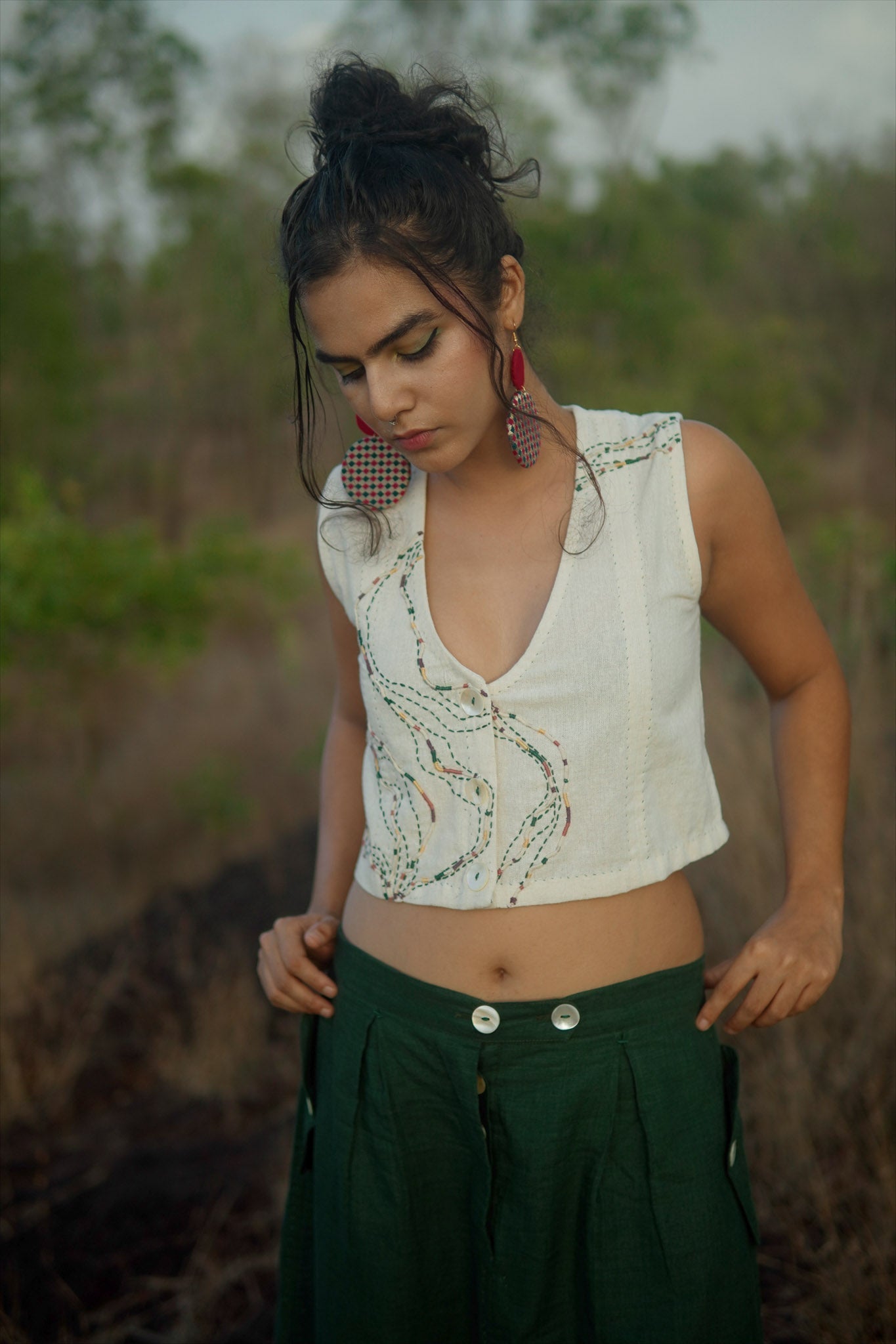 Cropped Blouse at Kamakhyaa by Lafaani. This item is 100% pure cotton, Casual Wear, Crop Tops, Embroidered, Kora, Organic Solid, Regular Fit, Rewind, Solids, Undyed and Unbleached, Womenswear