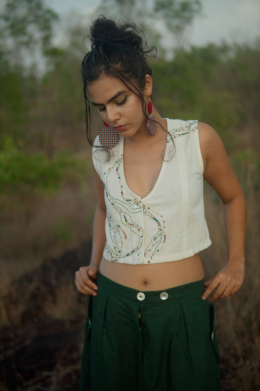 Cropped Blouse by Lafaani with 100% pure cotton, Casual Wear, Crop Tops, Embroidered, Kora, Organic Solid, Regular Fit, Rewind, Rewind by Lafaani, Solids, Undyed and Unbleached, Womenswear at Kamakhyaa for sustainable fashion