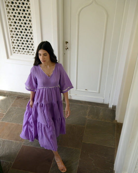 Purple Tiered Maxi Dress by Taro with Best Selling, Evening Wear, FB ADS JUNE, Handwoven cotton, July Sale, July Sale 2023, Natural, Purple, Regular Fit, Solids, Tiered Dresses, Wildflower by Taro, Womenswear at Kamakhyaa for sustainable fashion