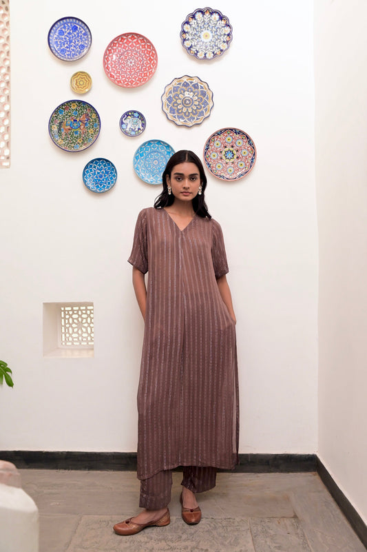Brown Cotton Crepe V neck Co-ord Set by Taro with Brown, Chaandi by Taro, Co-ord Sets, Cotton, Cotton Lurex, Crepe, Natural, Regular Fit, Silver, Solids, Womenswear at Kamakhyaa for sustainable fashion