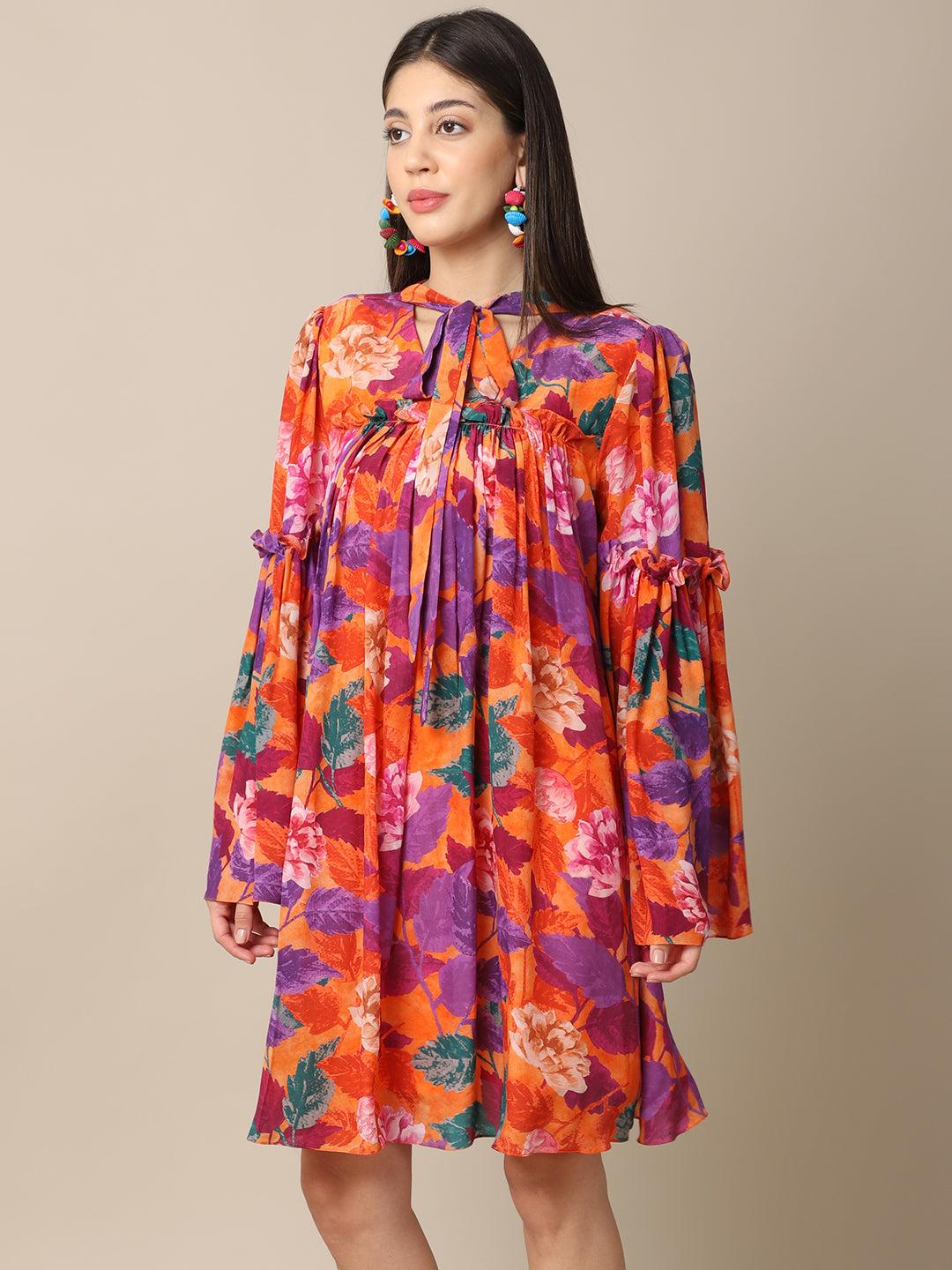 Crepe Orange Printed Flare Dress by Ewoke with Casual Wear, Crepe, Festive 23, For Her, Mini Dresses, Natural with azo free dyes, Orange, Prints, Relaxed Fit, Womenswear at Kamakhyaa for sustainable fashion