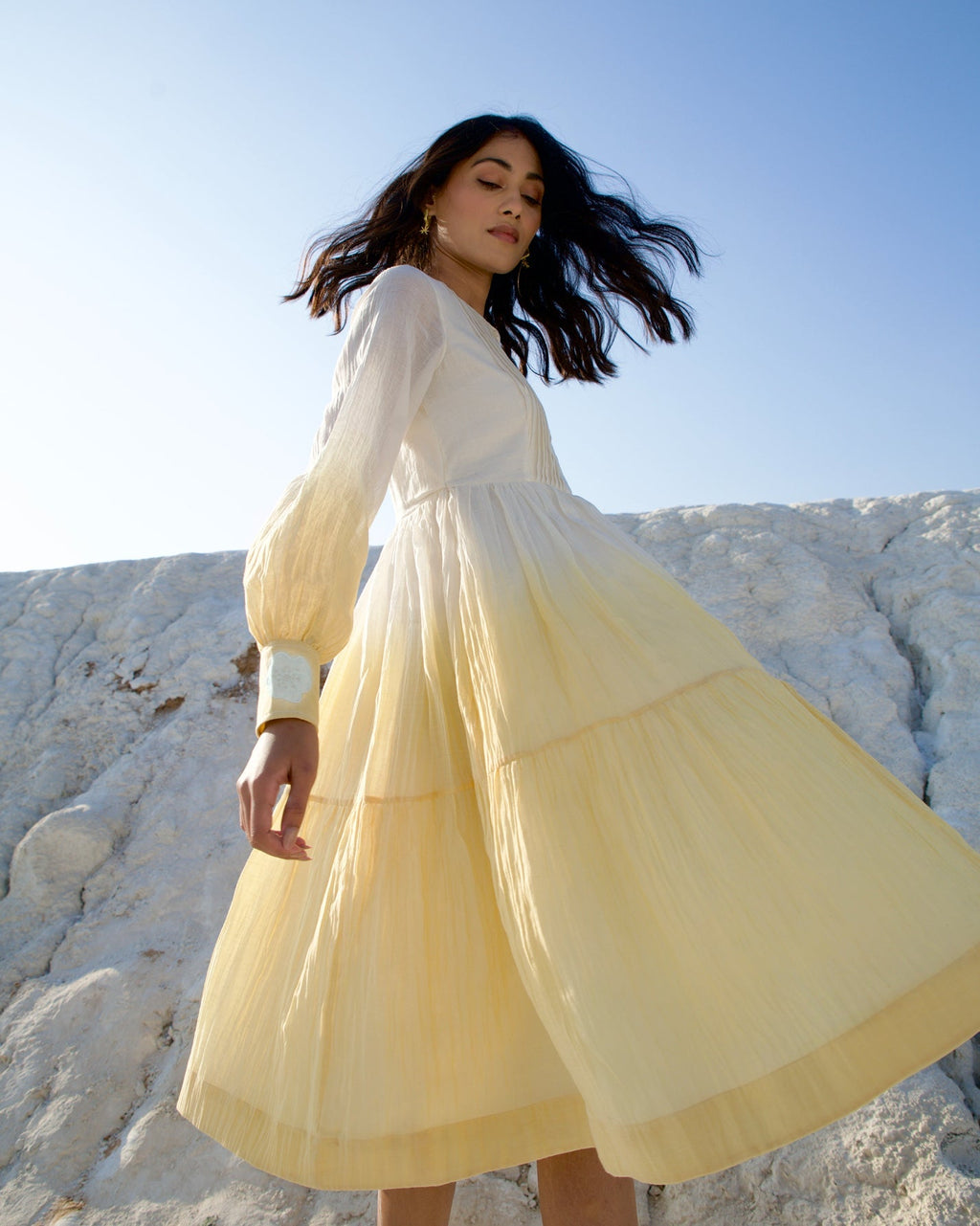 White Silk Midi Dress by The Loom Art with Aurora by The Loom Art, Best Selling, Casual Wear, Chanderi Silk, FB ADS JUNE, July Sale, July Sale 2023, Kurtas, Midi Dresses, Ombre & Dyes, Organic, Regular Fit, Tiered Dresses, White, Womenswear at Kamakhyaa for sustainable fashion