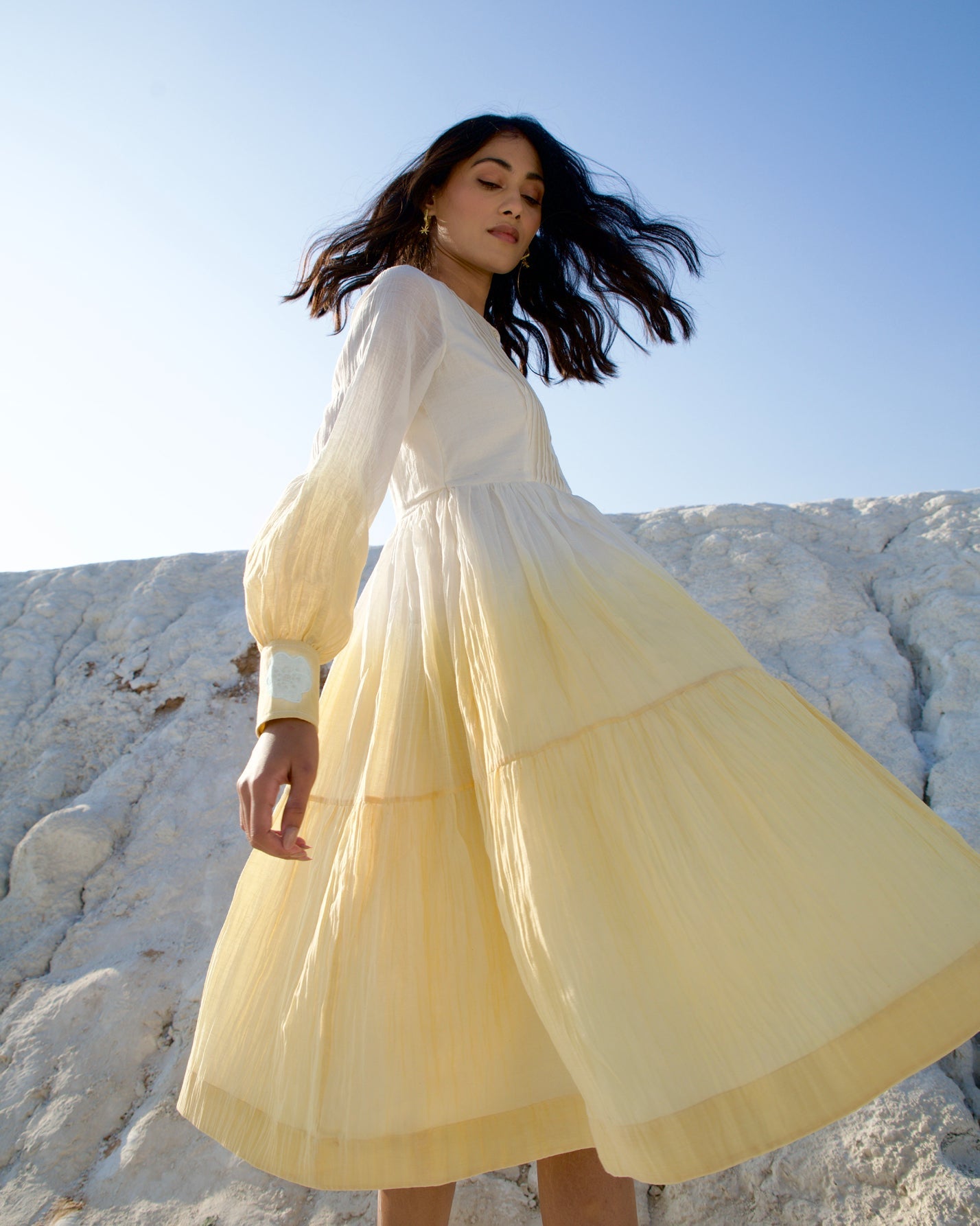 White Silk Midi Dress by The Loom Art with Aurora by The Loom Art, Best Selling, Casual Wear, Chanderi Silk, FB ADS JUNE, July Sale, July Sale 2023, Kurtas, Midi Dresses, Ombre & Dyes, Organic, Regular Fit, Tiered Dresses, White, Womenswear at Kamakhyaa for sustainable fashion