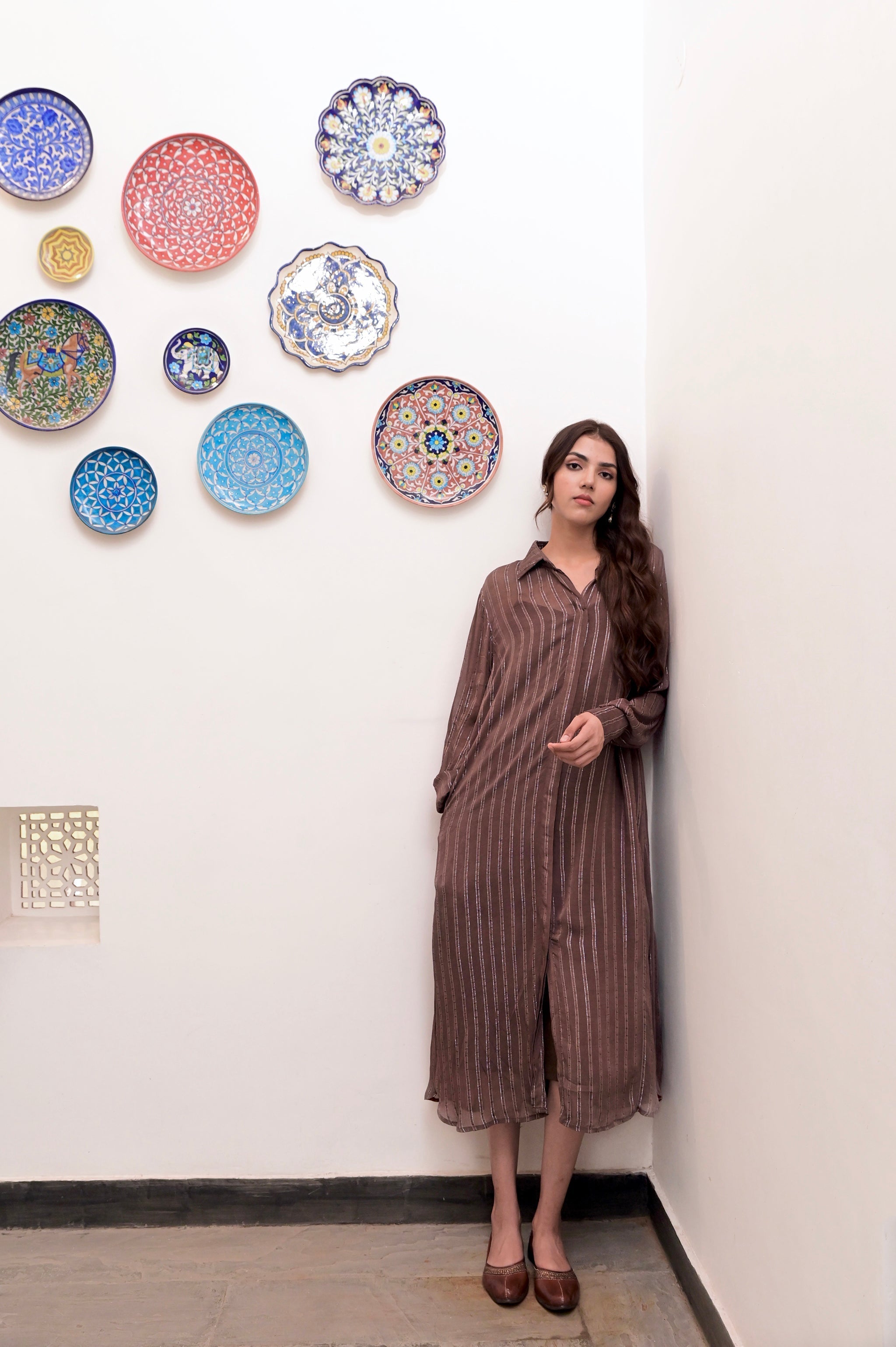 Brown Cotton Crepe Shirt Dress by Taro with Brown, Chaandi by Taro, Cotton, Cotton Lurex, Crepe, Natural, Regular Fit, Shirt Dresses, Silver, Solids, Womenswear at Kamakhyaa for sustainable fashion