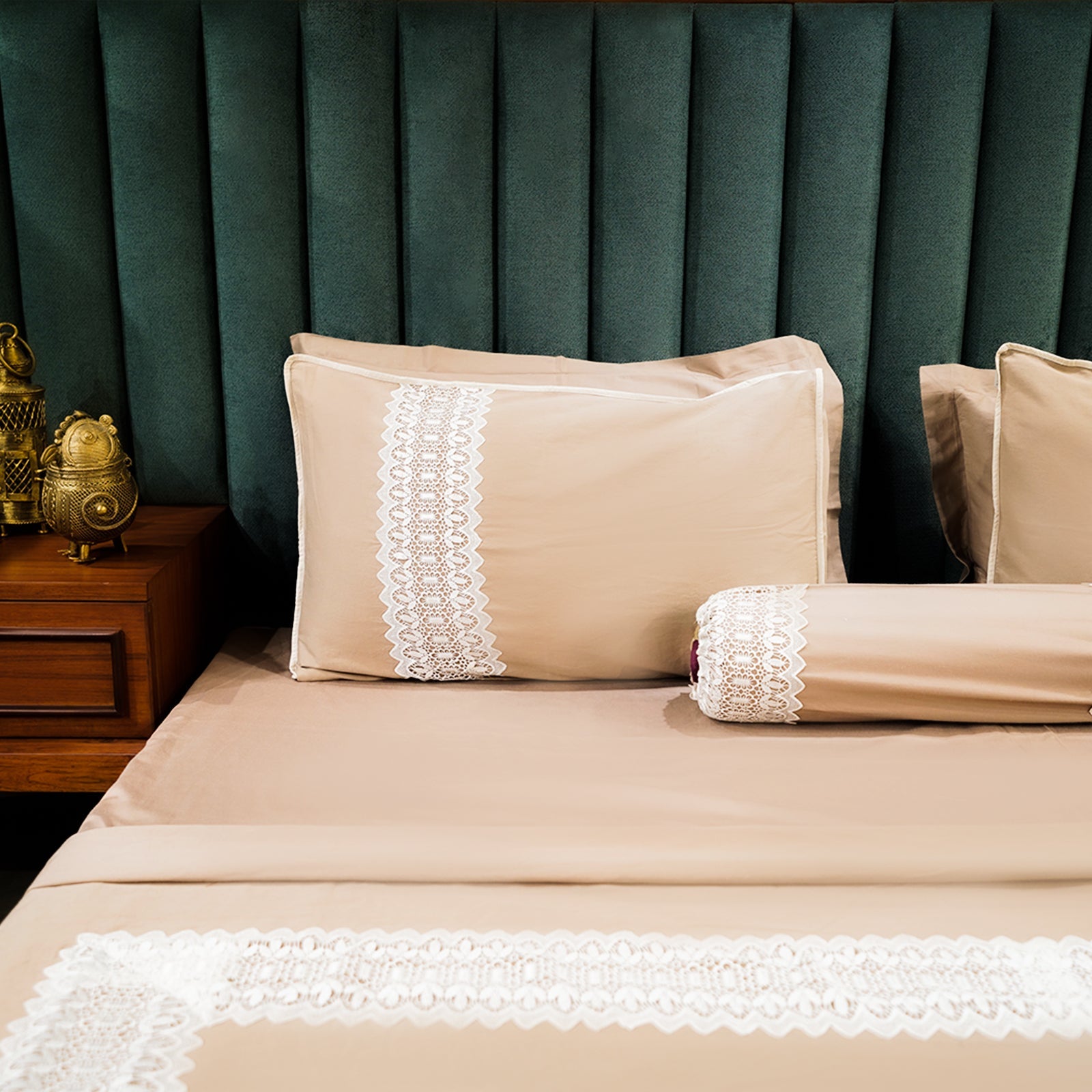 Chic Mocha Set by Aetherea with 100% Cotton, 500 TC, Bed Sets, Bolster Cushion, Brown, Coffee, Designer Bedsheets, King, Lace, Queen at Kamakhyaa for sustainable fashion