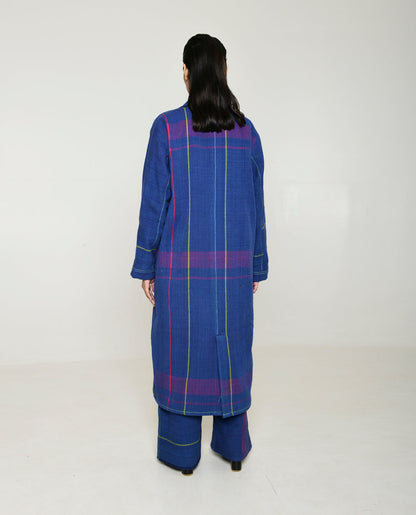 Handwoven Blue Striped Cotton Trench Coat by Rias Jaipur with 100% Cotton, Blue, Casual wear, Multicolor, Natural, Overlays, RE 2.O, RE 2.O by Rias Jaipur, Regular, Stripes, Unisex, Womenswear at Kamakhyaa for sustainable fashion