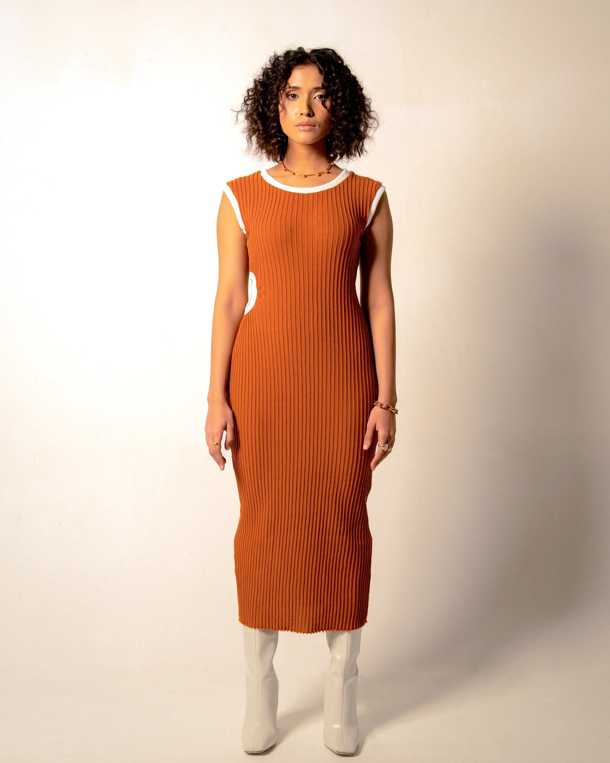 Orange Midi Dress by Meko Studio with Cut Out Dresses, Evening Wear, Hand Knitted, July Sale, July Sale 2023, Midi Dresses, Orange, Recycled Cotton, Recycled Polyster, Sleeveless Dresses, Slim Fit, Solids, Tranquil AW-22/23, Tranquil by Meko Studio, Womenswear at Kamakhyaa for sustainable fashion