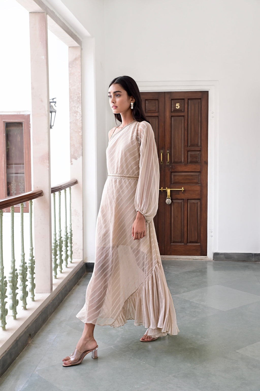 Beige One Shoulder Dress by Taro with Beige, Chaandi by Taro, Cotton, Cotton Lurex, Natural, One Shoulder Dresses, Regular Fit, Solids, Womenswear at Kamakhyaa for sustainable fashion