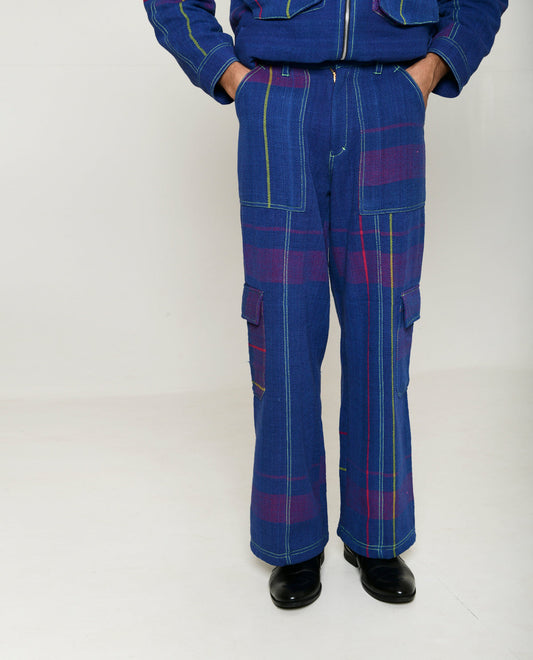 Recycled Blue Multi Colored Cargo Pants by Rias Jaipur with 100% Cotton, Blue, Bottoms, Casual wear, Multicolor, Natural, Pants, RE 2.O, RE 2.O by Rias Jaipur, Regular, Stripes, Unisex, Womenswear at Kamakhyaa for sustainable fashion