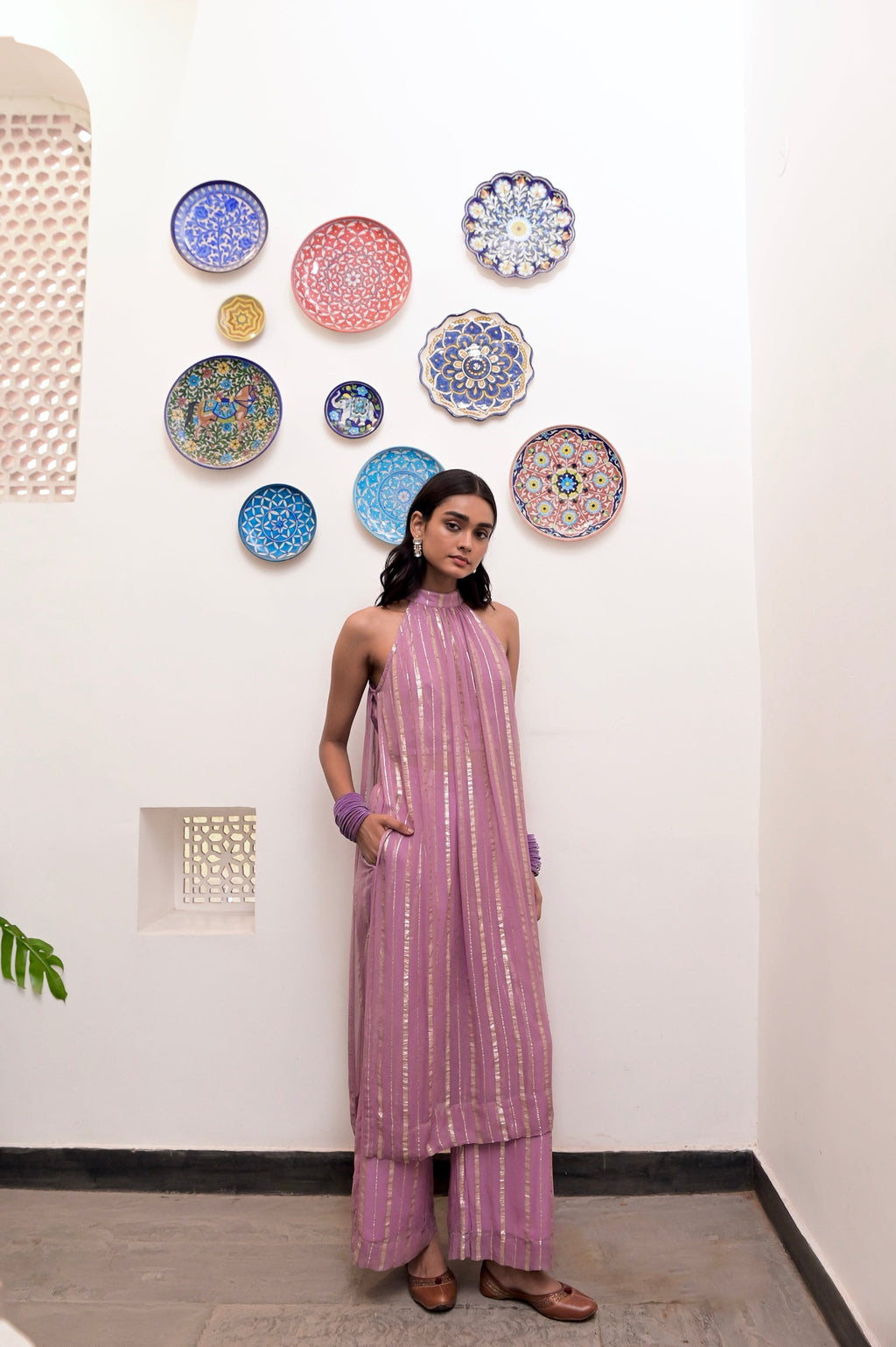 Pink Sleeveless Halter Co-ord Set by Taro with Chaandi by Taro, Co-ord Sets, Cotton, Cotton Lurex, Halter Neck Dresses, Natural, Partywear Co-ords, Pink, Regular Fit, Sleeveless, Solids, Womenswear at Kamakhyaa for sustainable fashion