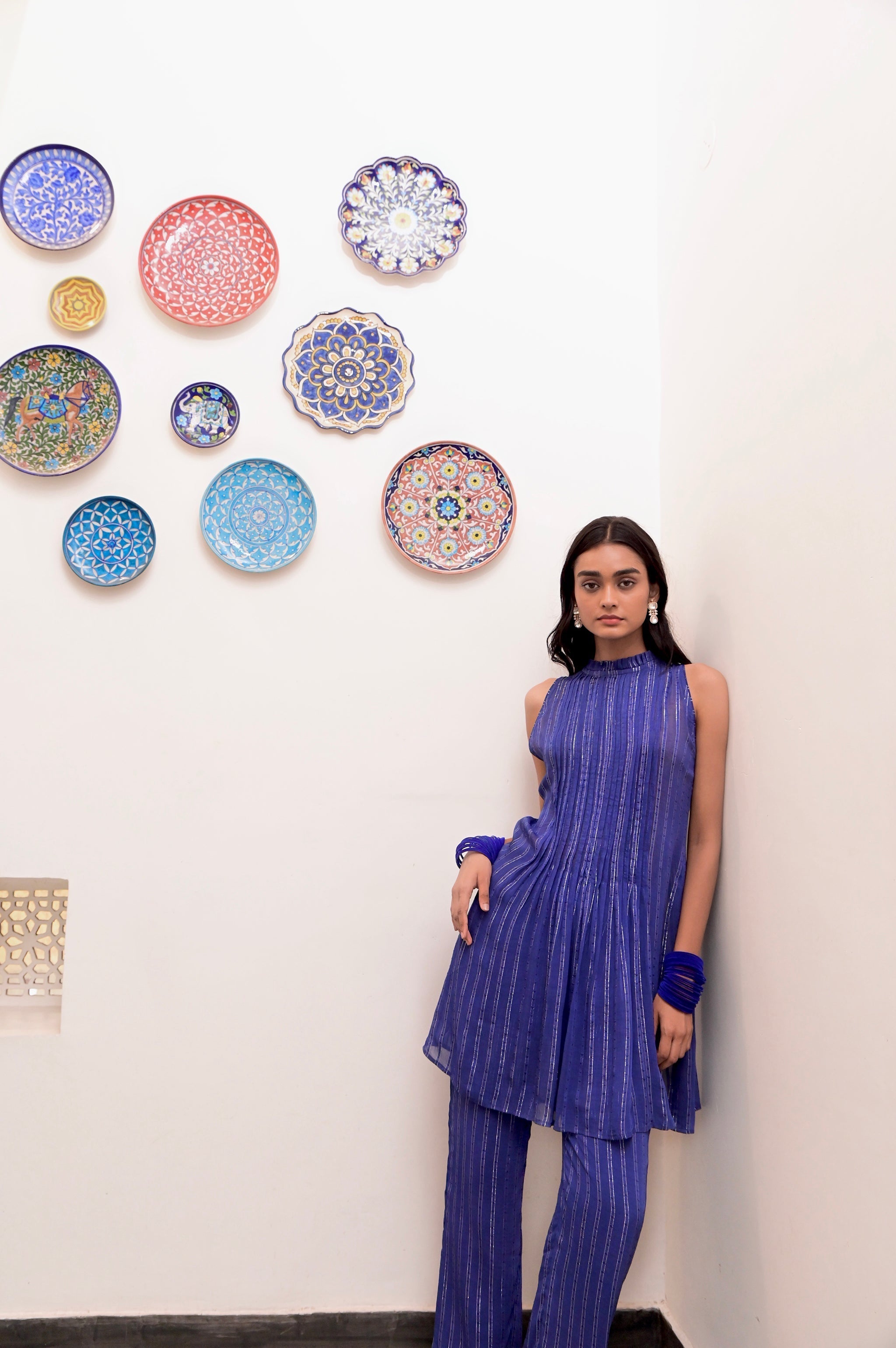 Blue Sleeveless Halter Co-ord set by Taro with Blue, Chaandi by Taro, Co-ord Sets, Cotton, Cotton Lurex, Crepe, Halter Neck Tops, Natural, Regular Fit, Silver, Sleeveless, Solids, Womenswear at Kamakhyaa for sustainable fashion