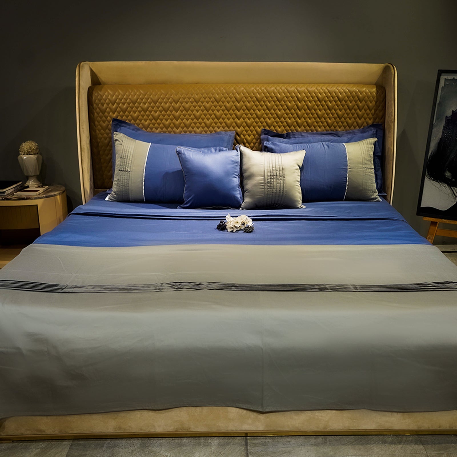 Majestic Sapphire Colorplay Stripe by Aetherea with 100% Cotton, 300 TC, 500 TC, Blue, Cushion, Designer Bedsheets, Dual Tone, Green, King, Queen, Royal Blue, Sage Green at Kamakhyaa for sustainable fashion