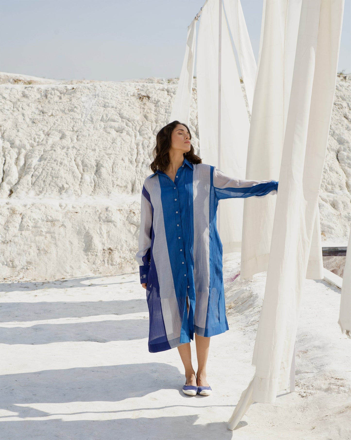 Blue Silk Shirt Dress by The Loom Art with Aurora by The Loom Art, Blue, Casual Wear, Chanderi Silk, July Sale, July Sale 2023, Loose Fit, Ombre & Dyes, Organic, Shirt Dresses, Womenswear at Kamakhyaa for sustainable fashion