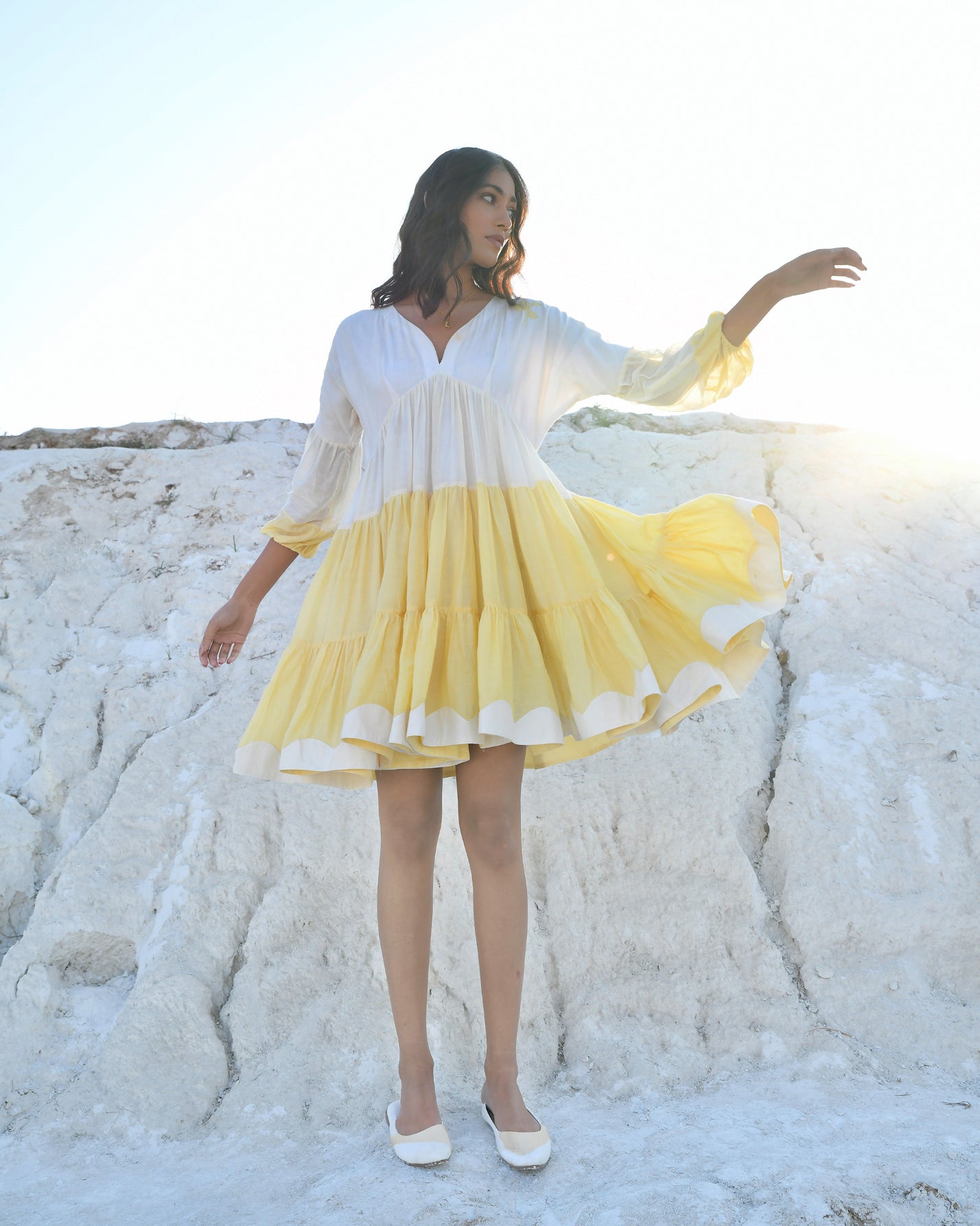 White Silk Mini Dress by The Loom Art with Aurora by The Loom Art, Casual Wear, Chanderi Silk, July Sale, July Sale 2023, Loose Fit, Mini Dresses, Ombre & Dyes, Organic, Tiered Dresses, White, Womenswear at Kamakhyaa for sustainable fashion