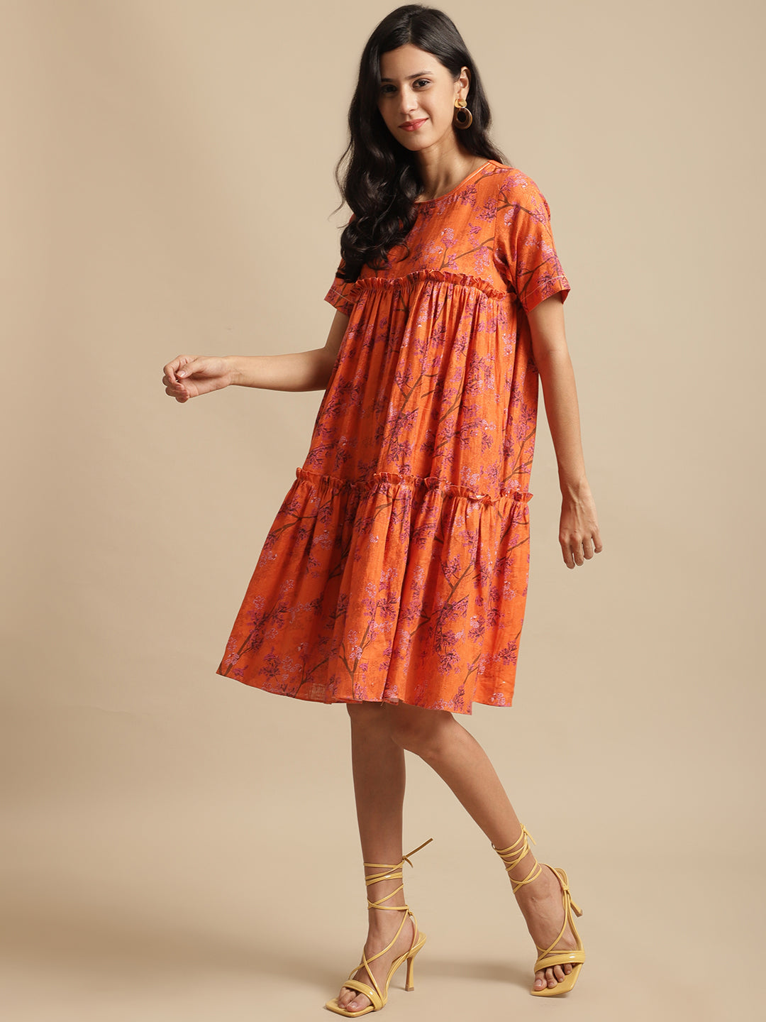 Certified Hemp Orange A Line Dress by Ewoke with Casual Wear, Festive 23, For Her, Hemp, Mini Dresses, Natural with azo free dyes, Orange, Prints, Relaxed Fit, Tiered Dresses, Womenswear at Kamakhyaa for sustainable fashion