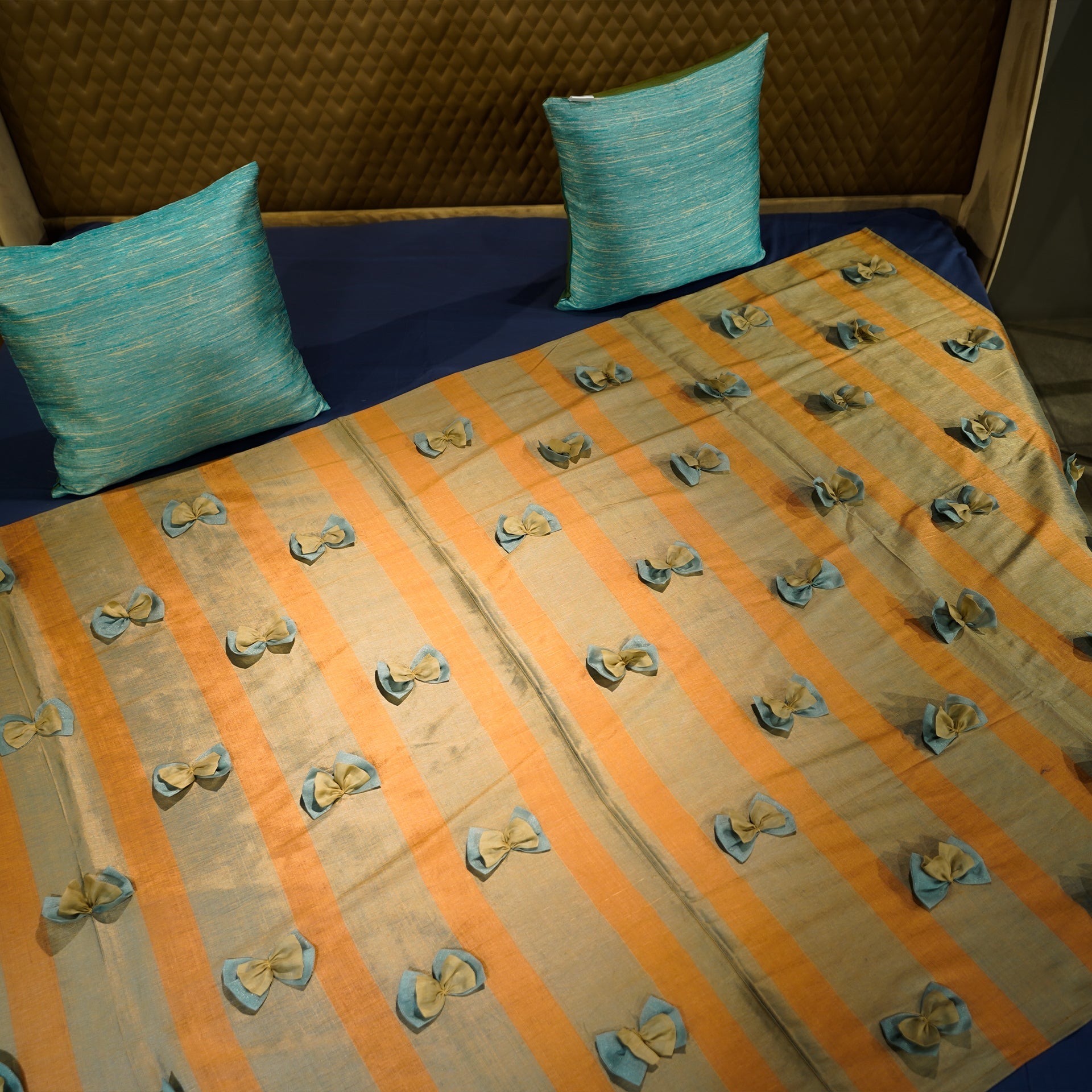 Ribbon Rhapsody by Aetherea with Bed Throws, Beige, Blue, Sheer, Silk, Upcycled at Kamakhyaa for sustainable fashion