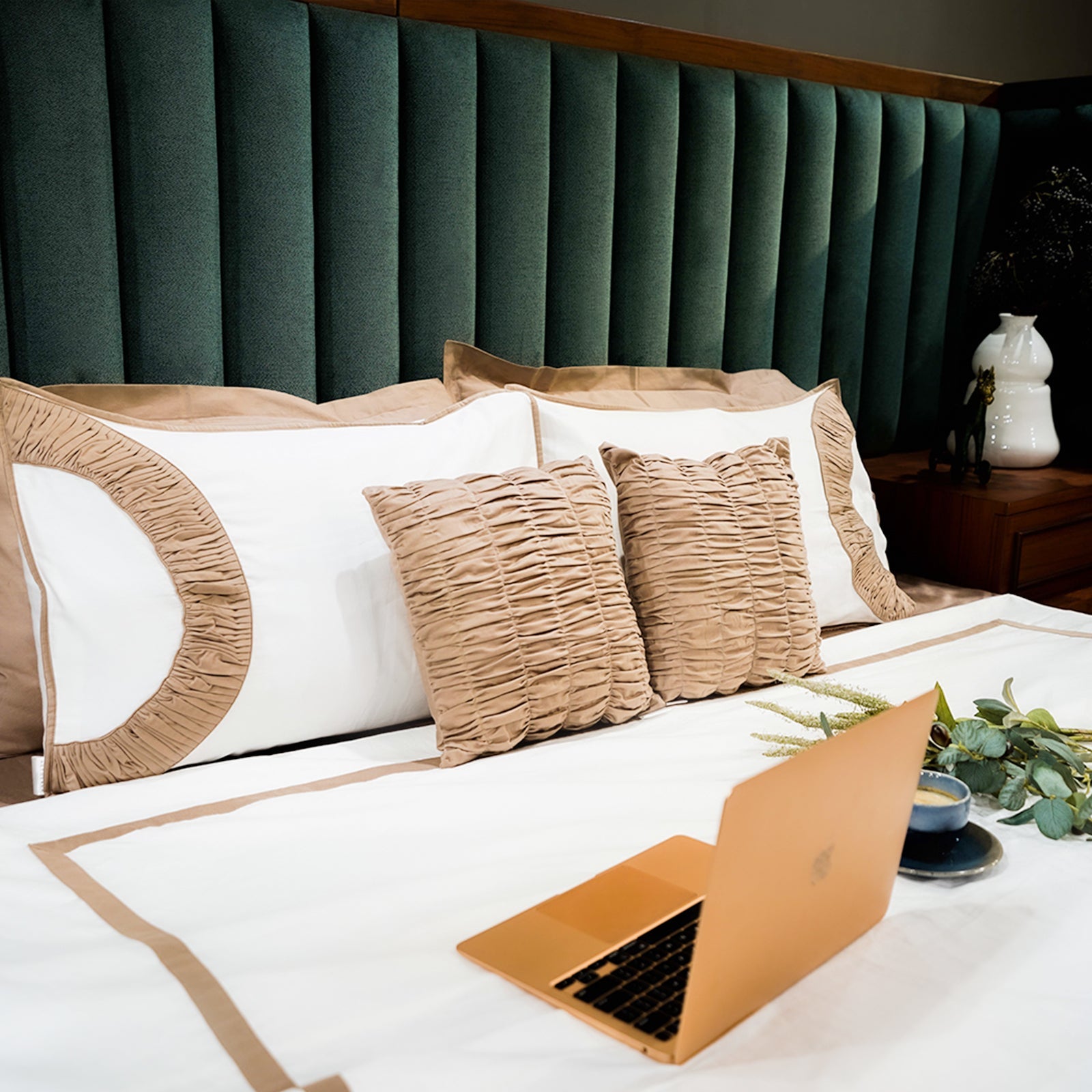 Mocha Bliss Teardrop Elegance by Aetherea with 100% Cotton, 300 TC, 500 TC, Brown, Coffee, Cushion, Designer Bedsheets, King, Queen, Royal Blue, Solid, Teardrop, White at Kamakhyaa for sustainable fashion