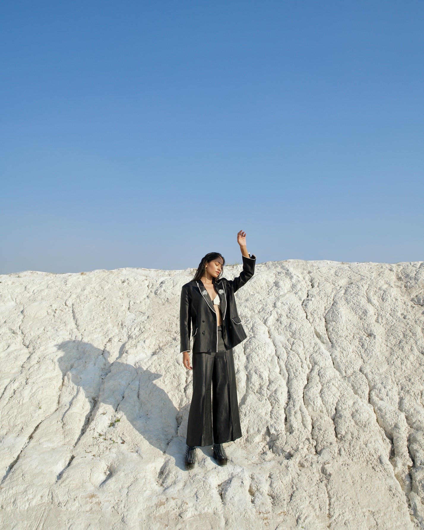 Black Silk Co-ord Set by The Loom Art with Aurora by The Loom Art, Black, Casual Wear, Chanderi Silk, Co-ord Sets, July Sale, July Sale 2023, Office, Office Wear Co-ords, Ombre & Dyes, Organic, Regular Fit, Solids, Womenswear at Kamakhyaa for sustainable fashion