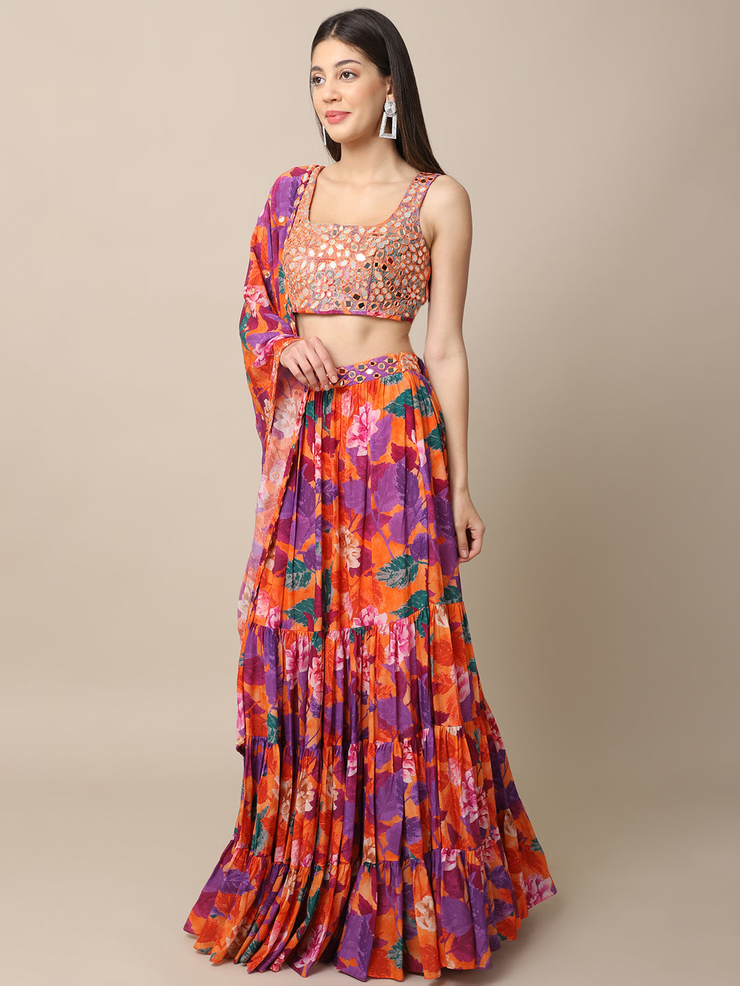 Crepe Orange Printed Lehenga Set by Ewoke with Bemberg, Best Selling, Crepe, Festive 23, Festive Wear, Lehengas Sets, Natural with azo free dyes, Orange, Prints, Regular Fit, Womenswear at Kamakhyaa for sustainable fashion