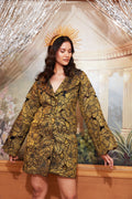 Black And Gold Silk Blazer With Skirt Co-Ord Set by Chambray & Co. with Black, Chambray & Co, Complete Sets, Embroidered, Gold, Moon Child, Natural, Party Wear, Regular Fit, Silk, Top Skirt Sets, Womenswear at Kamakhyaa for sustainable fashion