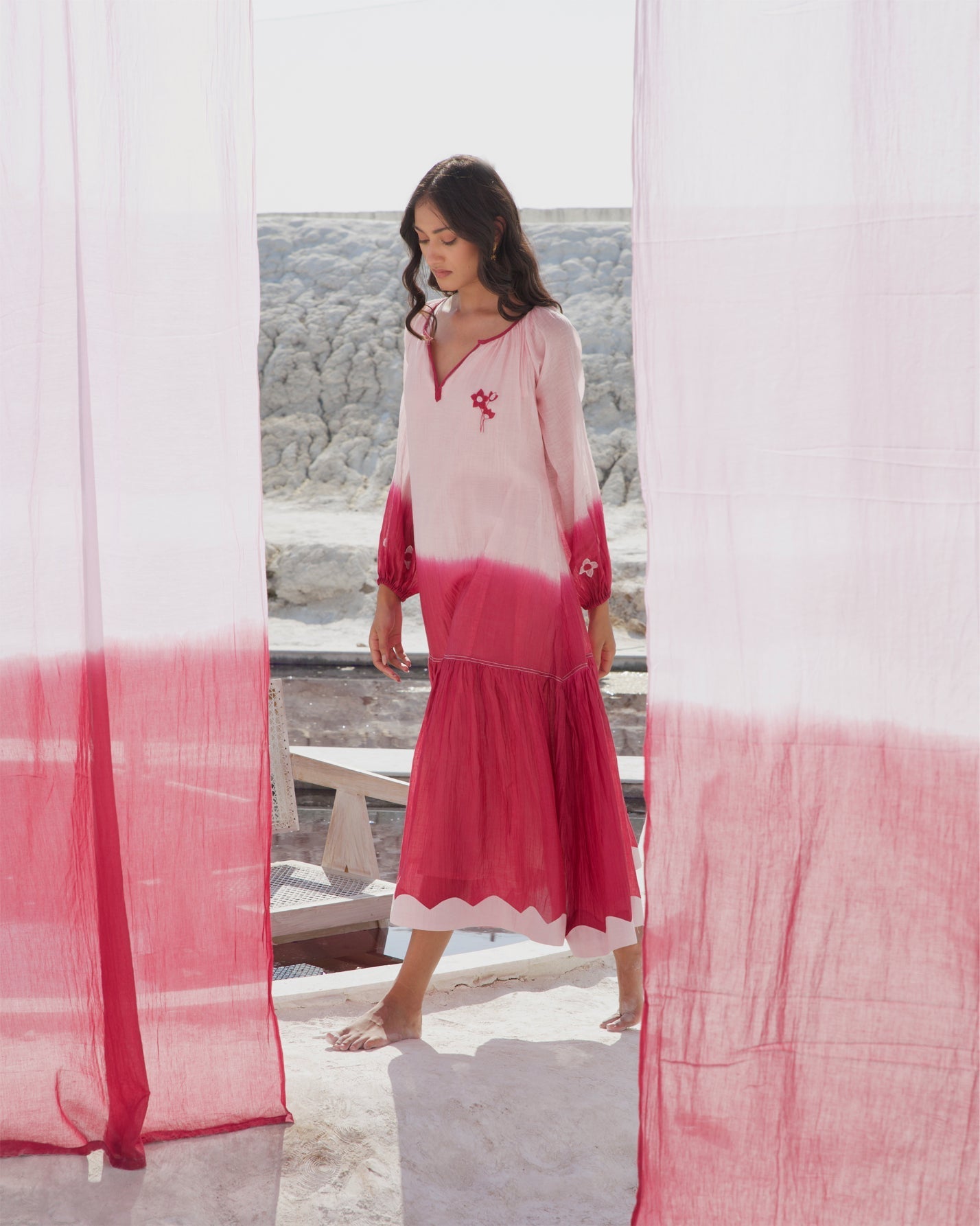 Pink Casual Midi Dress by The Loom Art with Aurora by The Loom Art, Casual Wear, Chanderi Silk, July Sale, July Sale 2023, Midi Dresses, Ombre & Dyes, Organic, Pink, Relaxed Fit, Tiered Dresses, Womenswear at Kamakhyaa for sustainable fashion