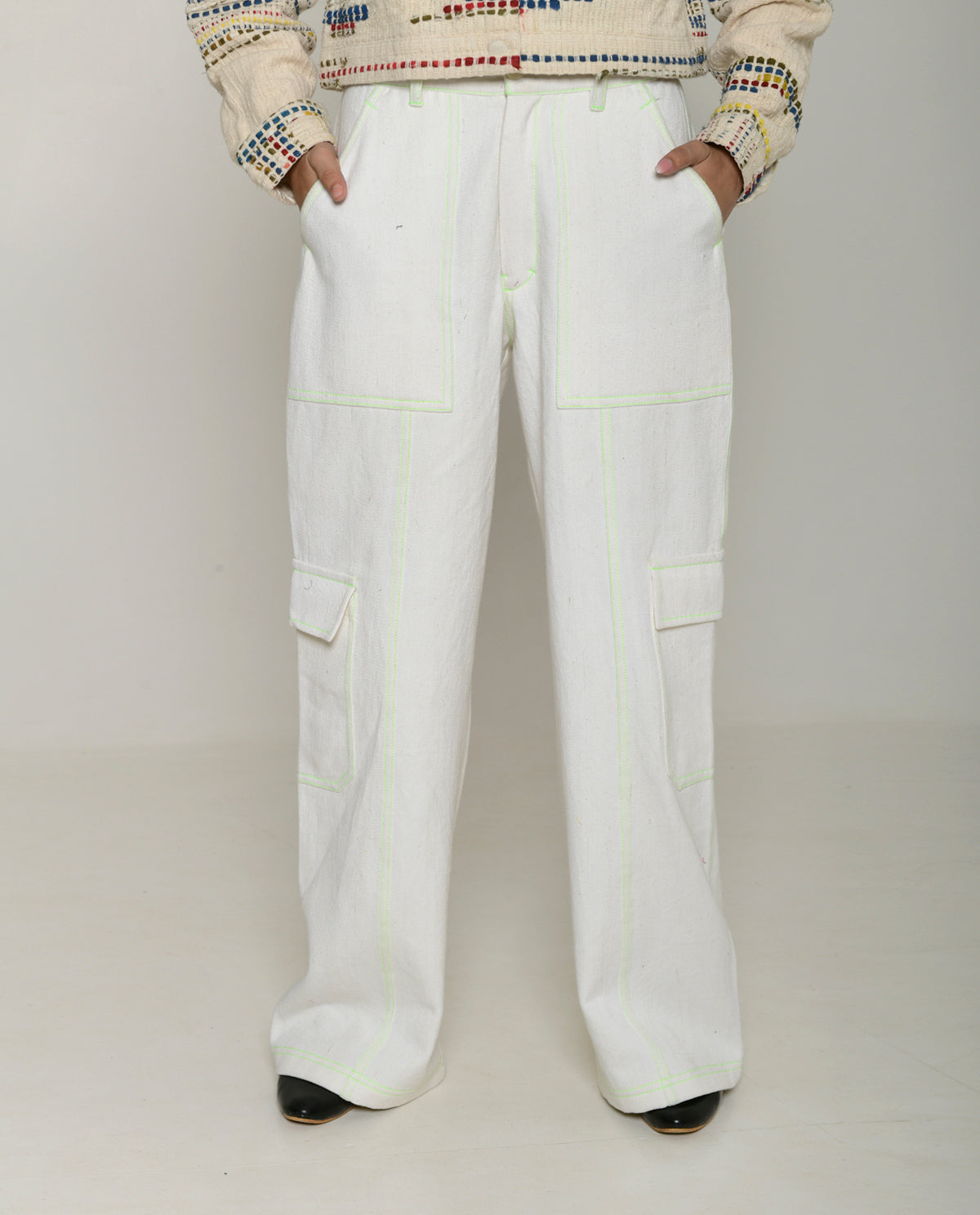 Handwoven White Cargo Pants by Rias Jaipur with 100% Cotton, Casual wear, Natural, Pants, RE 2.O, RE 2.O by Rias Jaipur, Regular, solids, Unisex, White, Womenswear at Kamakhyaa for sustainable fashion