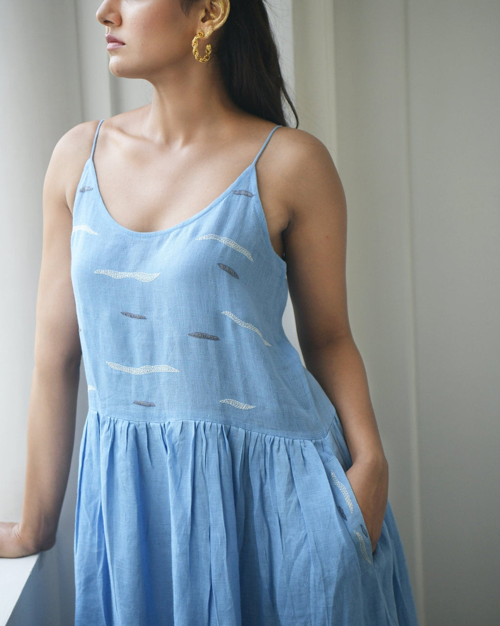 Blue Maxi Dress by Taro with Blue, Evening Wear, Handwoven Linen, Indo-Western, July Sale, July Sale 2023, Maxi Dresses, Natural, Regular Fit, Solids, Wildflower by Taro, Womenswear at Kamakhyaa for sustainable fashion