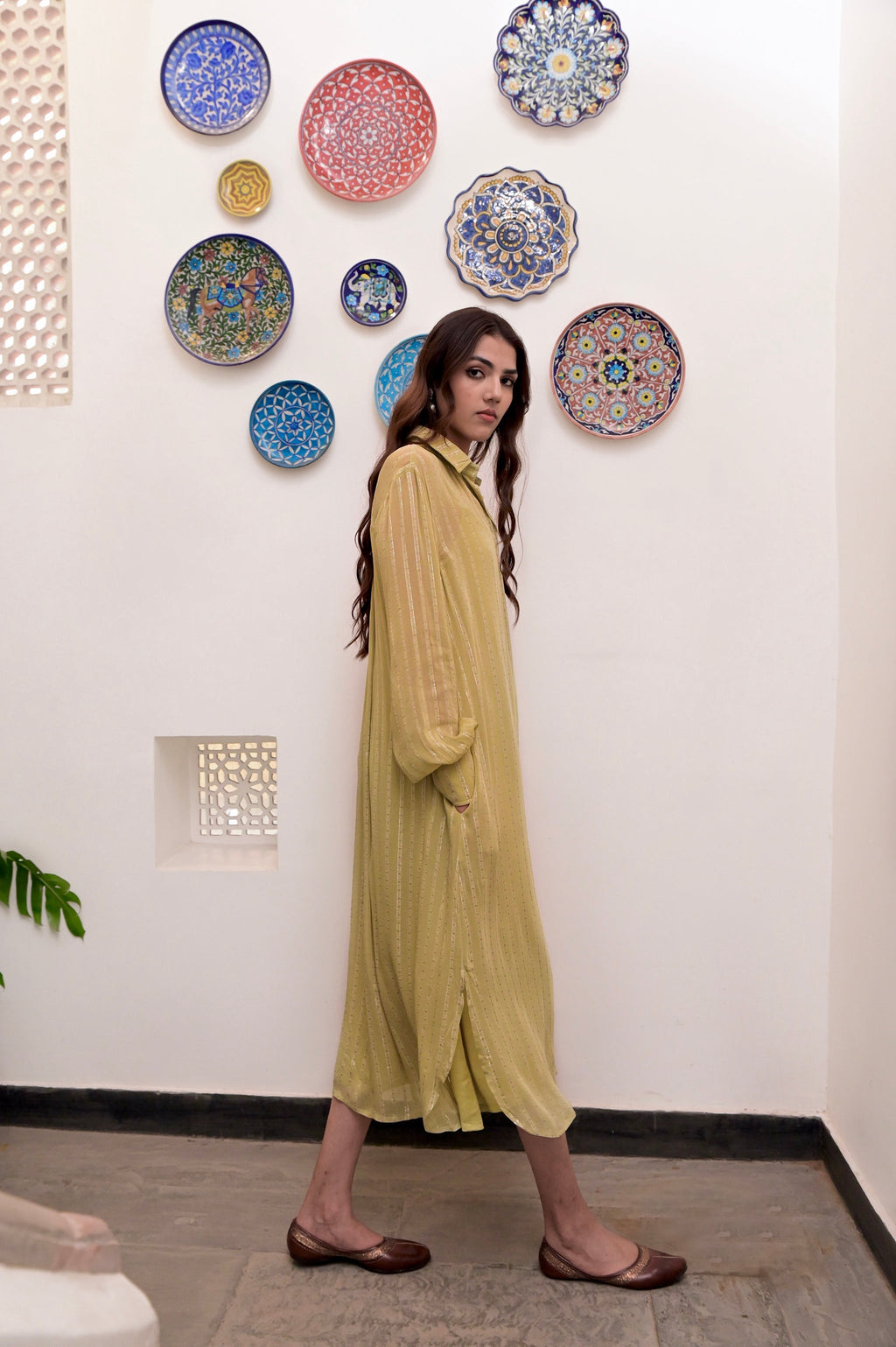 Yellow Cotton Crepe Shirt Dress by Taro with Chaandi by Taro, Cotton, Cotton Lurex, Natural, Regular Fit, Shirt Dresses, Silver, Solids, Womenswear, Yellow at Kamakhyaa for sustainable fashion