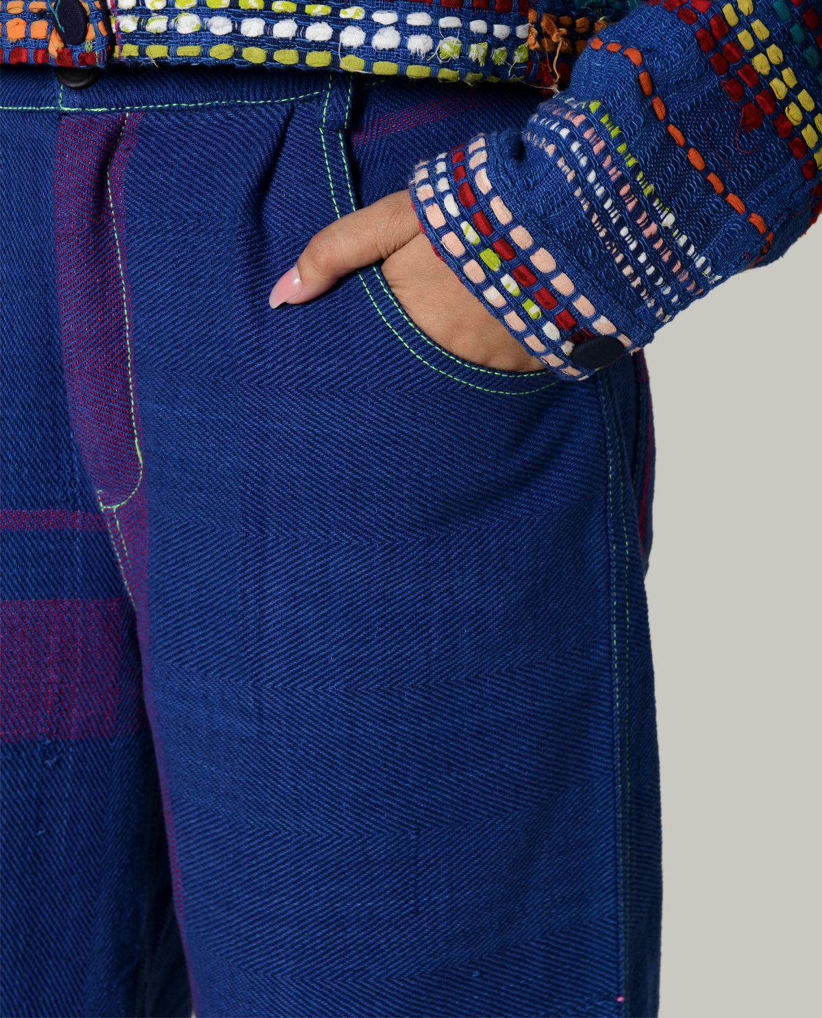 Recycled Blue Striped Cargo Pants by Rias Jaipur with 100% Cotton, Blue, Casual wear, Multicolor, Natural, Pants, RE 2.O, RE 2.O by Rias Jaipur, Regular, Stripes, Unisex, Womenswear at Kamakhyaa for sustainable fashion