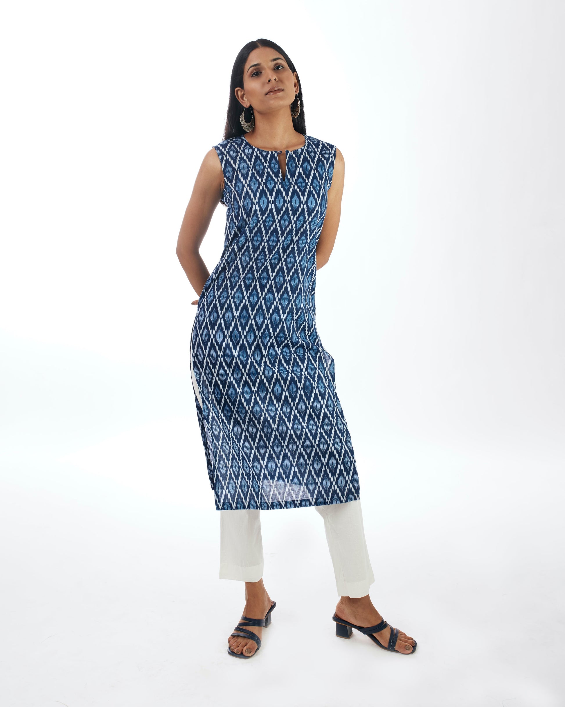 Sleeveless Kurta And Solid Pant by Indian Wear with 100% pure cotton, Blue, Casual Wear, Complete Sets, Indian Wear, KKYSS, Kurta Pant Sets, Natural, Prints, Regular Fit, Summer Sutra, Womenswear at Kamakhyaa for sustainable fashion