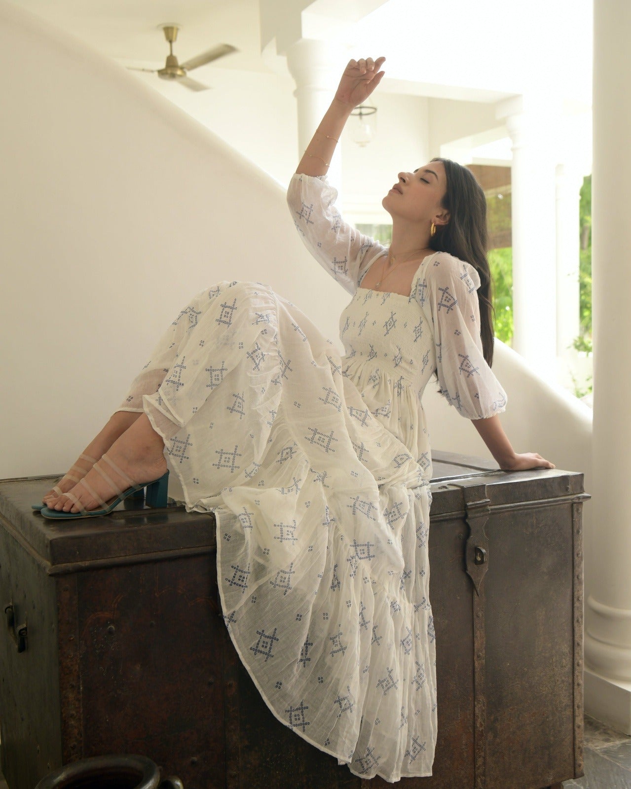 White Cotton Tiered Dress by Taro with Best Selling, Evening Wear, FB ADS JUNE, Handwoven cotton, Indo-Western, July Sale, July Sale 2023, Natural, Prints, Regular Fit, Tiered Dresses, White, Wildflower by Taro, Womenswear at Kamakhyaa for sustainable fashion