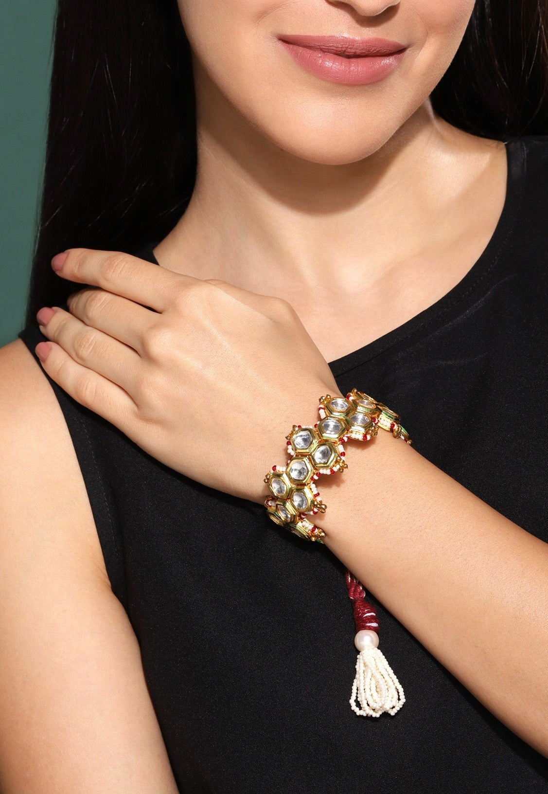 Red Honeycomb Pochi Bracelet by House Of Heer with Alloy Metal, Bracelets, Festive Wear, Free Size, jewelry, Multicolor, Natural, rakhis & lumbas, Textured at Kamakhyaa for sustainable fashion