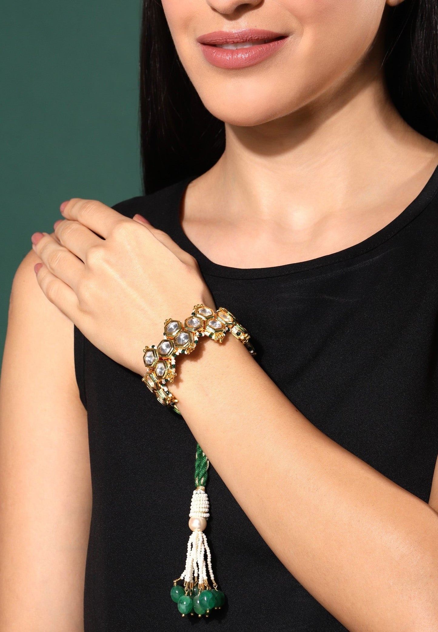 Green Honeycomb Pochi Bracelet by House Of Heer with Alloy Metal, Bracelets, Festive Wear, Free Size, jewelry, Multicolor, Natural, rakhis & lumbas, Textured at Kamakhyaa for sustainable fashion