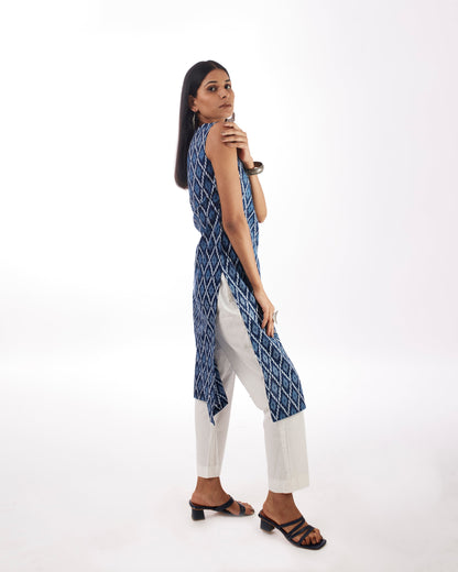 Sleeveless Kurta And Solid Pant by Indian Wear with 100% pure cotton, Blue, Casual Wear, Complete Sets, Indian Wear, KKYSS, Kurta Pant Sets, Natural, Prints, Regular Fit, Summer Sutra, Womenswear at Kamakhyaa for sustainable fashion