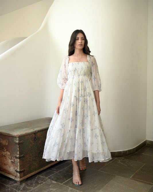 White Cotton Tiered Dress by Taro with Best Selling, Evening Wear, FB ADS JUNE, Handwoven cotton, Indo-Western, July Sale, July Sale 2023, Natural, Prints, Regular Fit, Tiered Dresses, White, Wildflower by Taro, Womenswear at Kamakhyaa for sustainable fashion