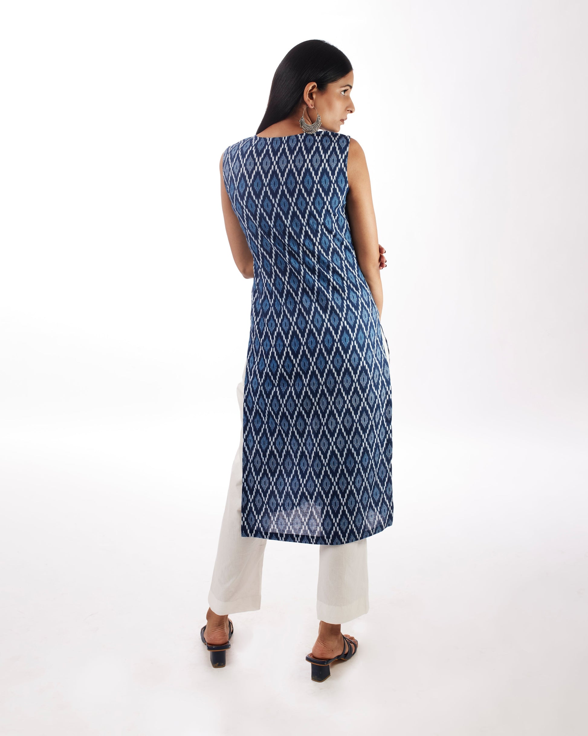 Sleeveless Kurta And Solid Pant by Indian Wear with 100% pure cotton, Blue, Casual Wear, Complete Sets, Indian Wear, KKYSS, Kurta Pant Sets, Natural, Prints, Regular Fit, Summer Sutra, Womenswear at Kamakhyaa for sustainable fashion