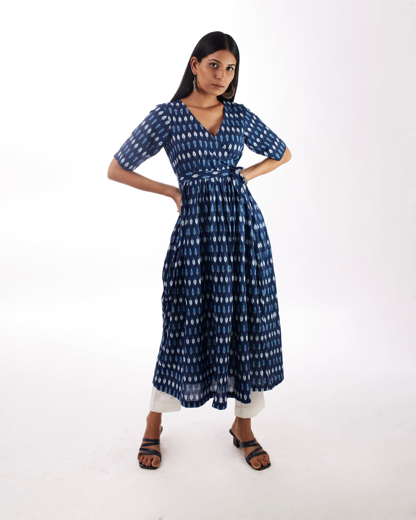 Blue Angrakha With Solid White Pants by Indian Wear with 100% pure cotton, Blue, Festive Wear, Indian Wear, KKYSS, Kurta Pant Sets, Natural, Prints, Regular Fit, Summer Sutra, Womenswear at Kamakhyaa for sustainable fashion