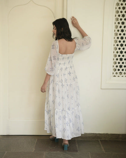 White Cotton Tiered Dress by Taro with Best Selling, Evening Wear, FB ADS JUNE, Handwoven cotton, Indo-Western, July Sale, July Sale 2023, Natural, Prints, Regular Fit, Tiered Dresses, White, Wildflower by Taro, Womenswear at Kamakhyaa for sustainable fashion