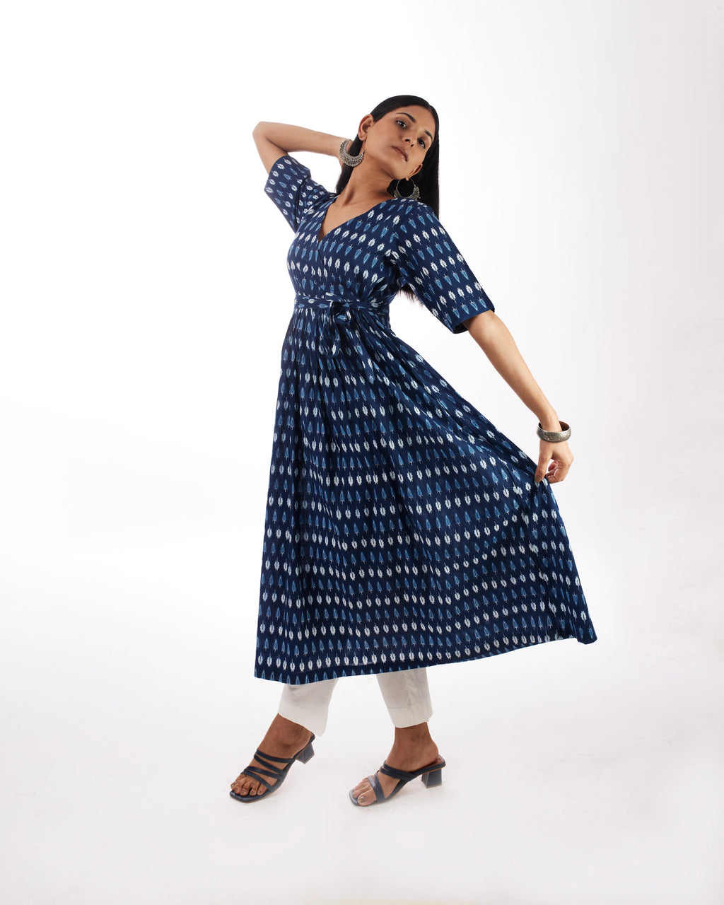 Blue Angrakha With Solid White Pants by Indian Wear with 100% pure cotton, Blue, Festive Wear, Indian Wear, KKYSS, Kurta Pant Sets, Natural, Prints, Regular Fit, Summer Sutra, Womenswear at Kamakhyaa for sustainable fashion