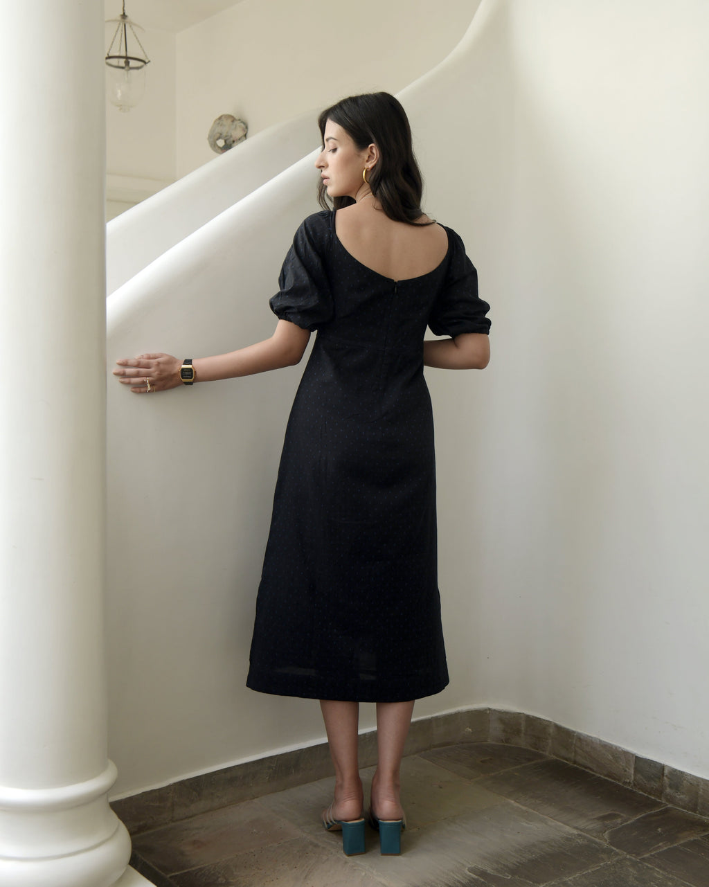 Black Printed Midi Dress by Taro with Black, Duplicate, Evening Wear, Handwoven Cotton, Highend fashion, July Sale, July Sale 2023, Midi Dresses, Natural, Regular Fit, Solids, Wildflower by Taro, Womenswear at Kamakhyaa for sustainable fashion