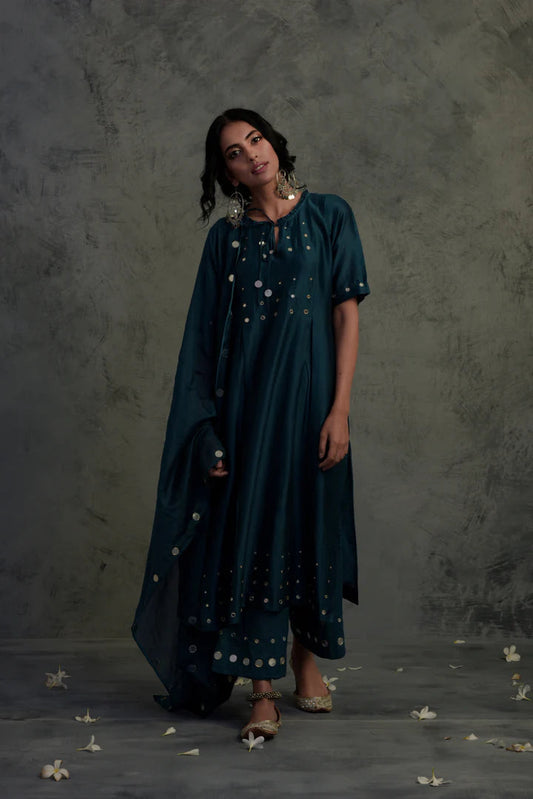 Teal Blue Tasseled Kurta Set - Set of 3 by Charkhee with Blue, Chanderi, Cotton, Embellished, Ethnic Wear, Indian Wear, Kurta Palazzo Sets, Kurta Set With Dupatta, Mirror Work, Natural, Relaxed Fit, Tyohaar by Charkhee, Womenswear at Kamakhyaa for sustainable fashion