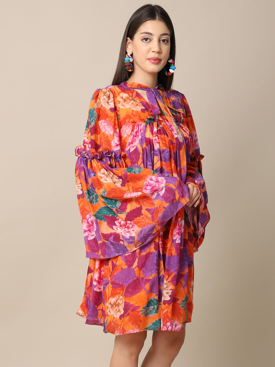 Crepe Orange Printed Flare Dress by Ewoke with Casual Wear, Crepe, Festive 23, For Her, Mini Dresses, Natural with azo free dyes, Orange, Prints, Relaxed Fit, Womenswear at Kamakhyaa for sustainable fashion