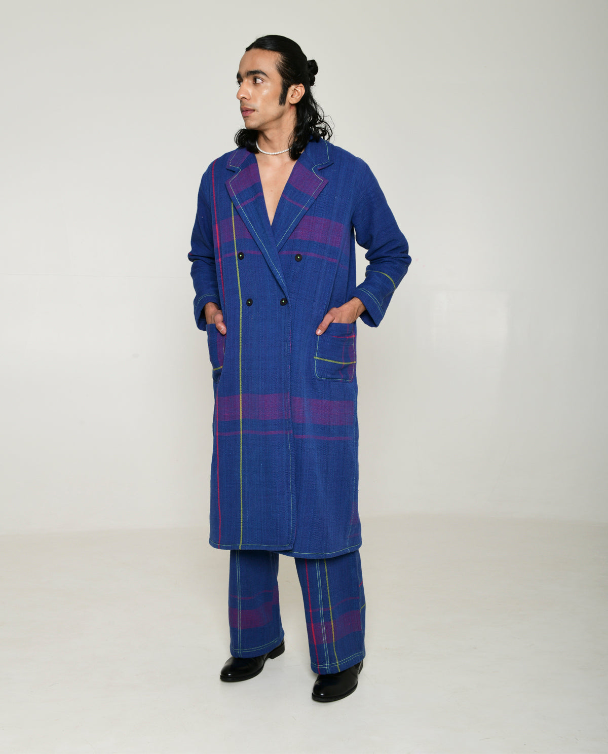 Recycled Blue Striped Cotton Trench Coat by Rias Jaipur with 100% Cotton, Blue, Casual wear, Multicolor, Natural, Overlays, RE 2.O, RE 2.O by Rias Jaipur, Regular, Stripes, Unisex, Womenswear at Kamakhyaa for sustainable fashion