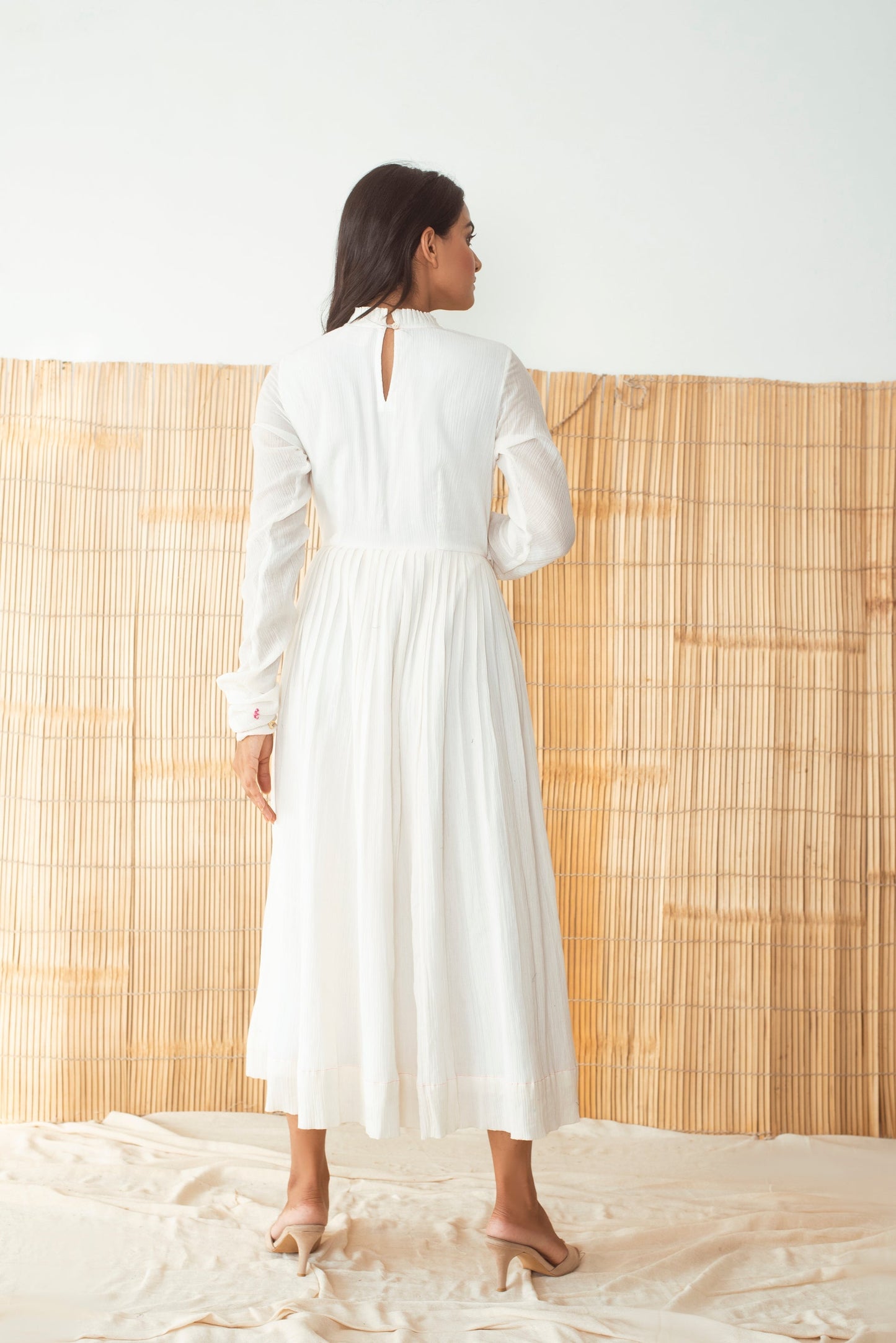 White Embroidered Full Sleeves Midi Dress Dresses capsule, Cotton Slub, Kurta Dresses, Natural, The Loom Art Kamakhyaa